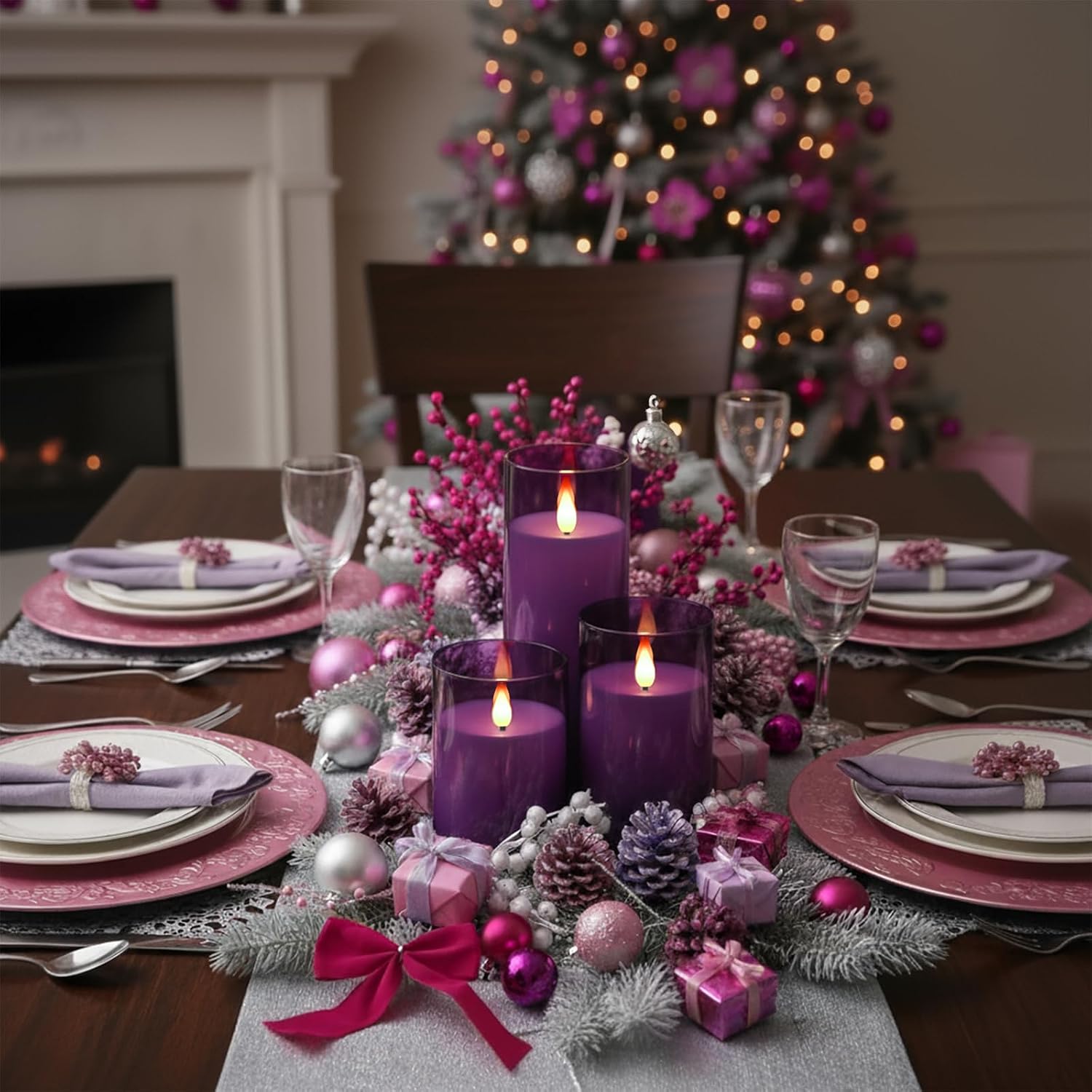 Homemory Purple Flickering Flameless Candles, Battery Operated Acrylic LED Pillar Candles with Remote Control and