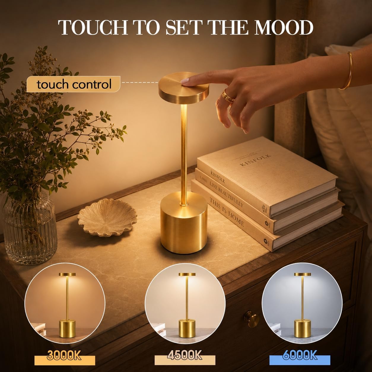 AUDLES Gold Cordless Table Lamps Set of 2, Brass Rechargeable Lamp, Battery Operated Lamps for Wedding Centerpiece &