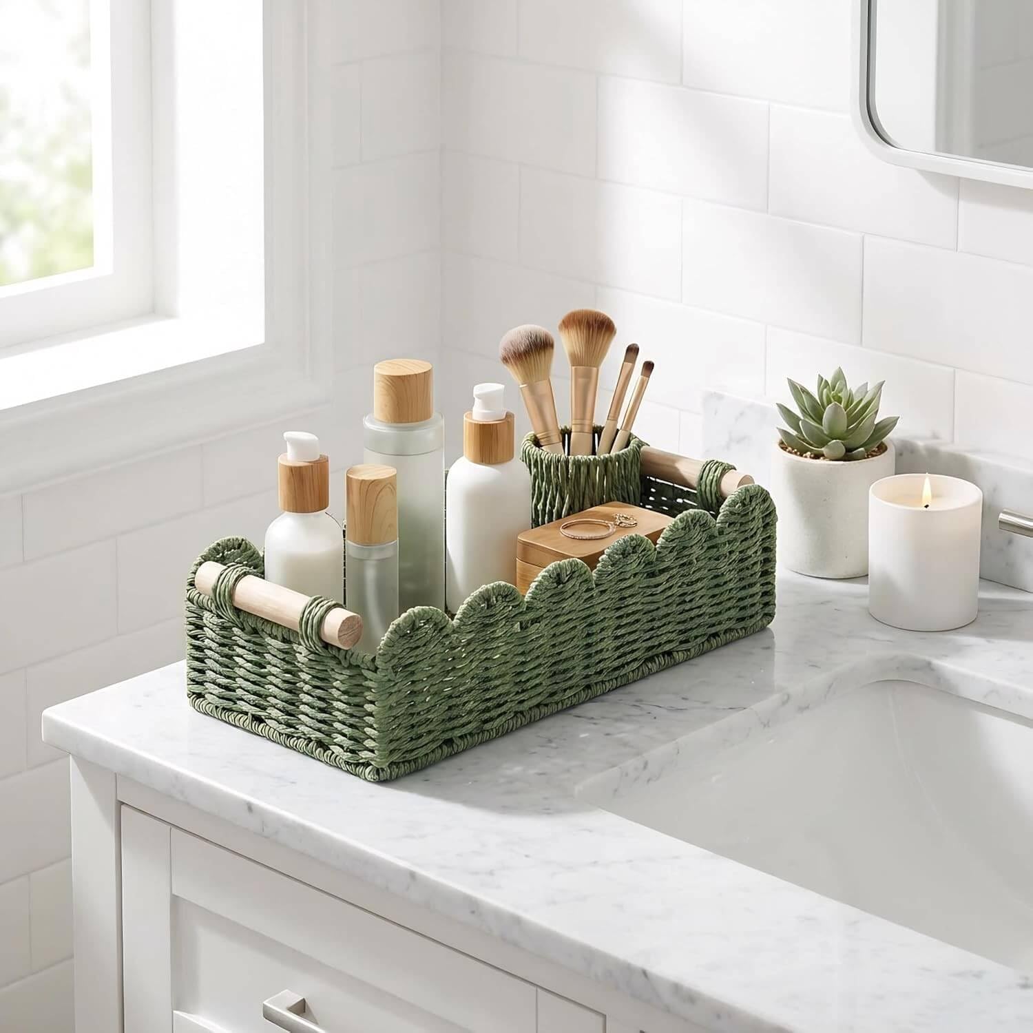 Toilet Paper Storage Basket Scalloped Edge Home Decor Basket / Green / 14 x 6.3 x 3.9 / M - In