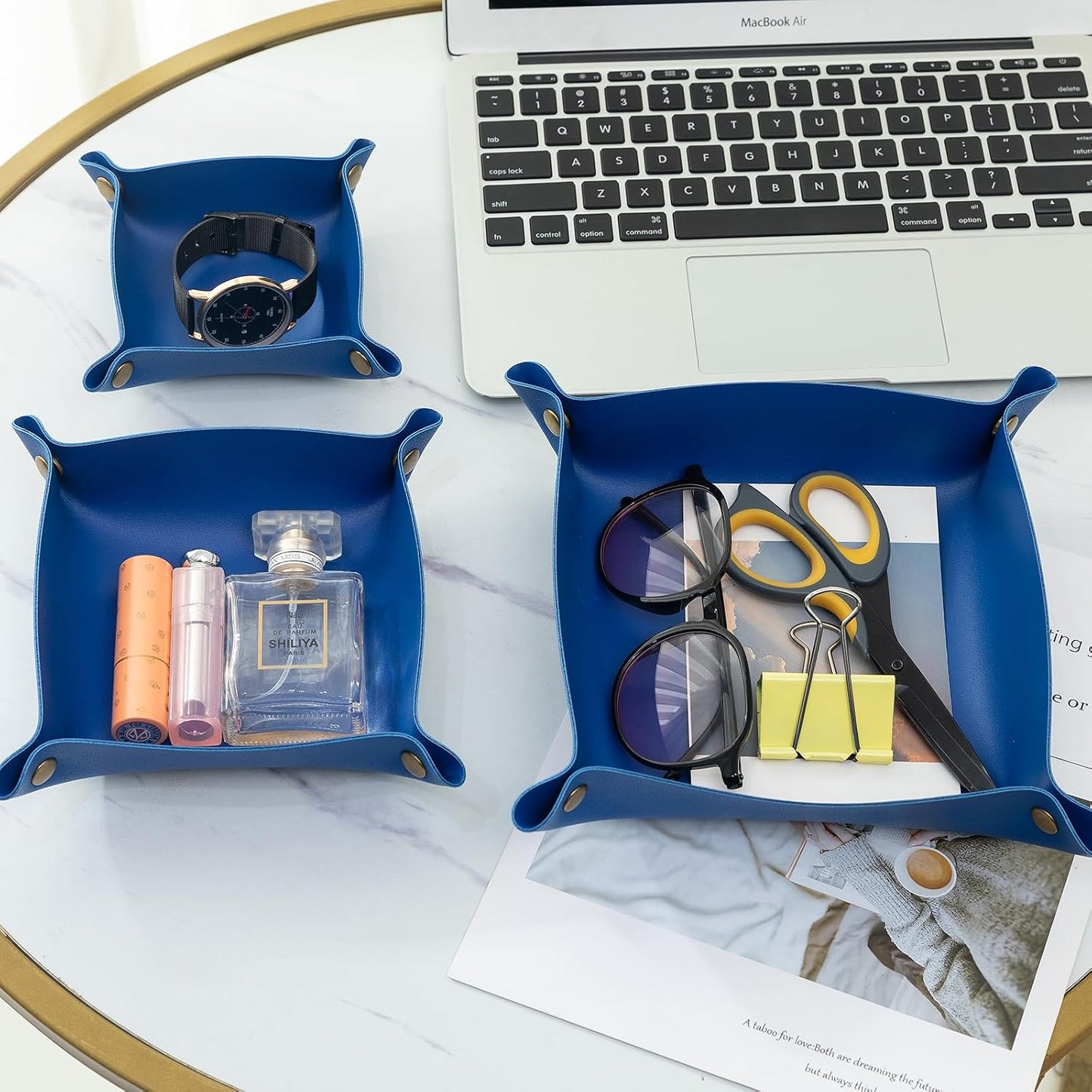 3 packs PU Leather Tray in 3 Sizes Jewelry Tray Glossy Leather Desk Organizer Leather / Klein Blue