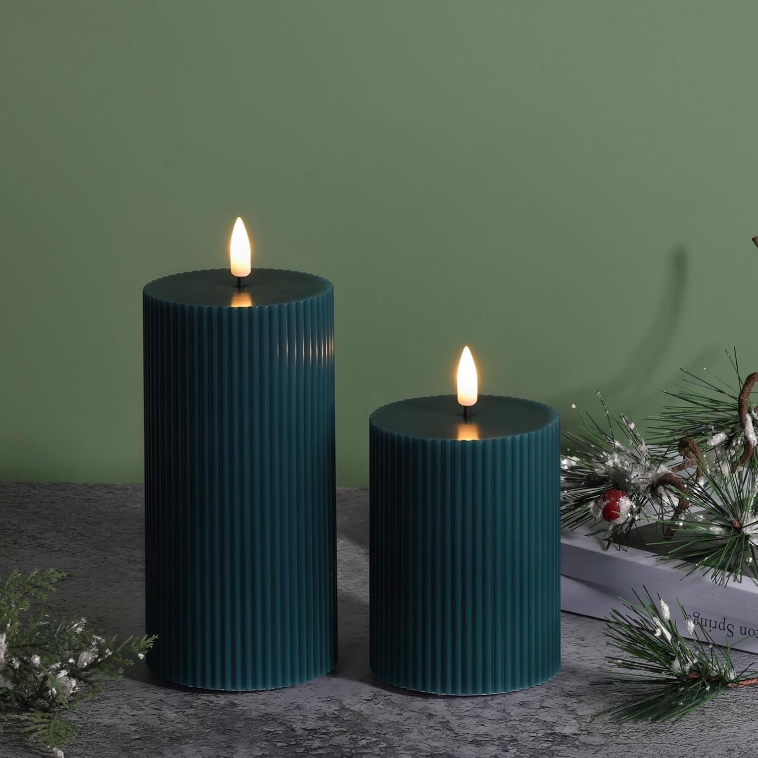 Ribbed Flameless Pillar Candles / Green / Set of 2