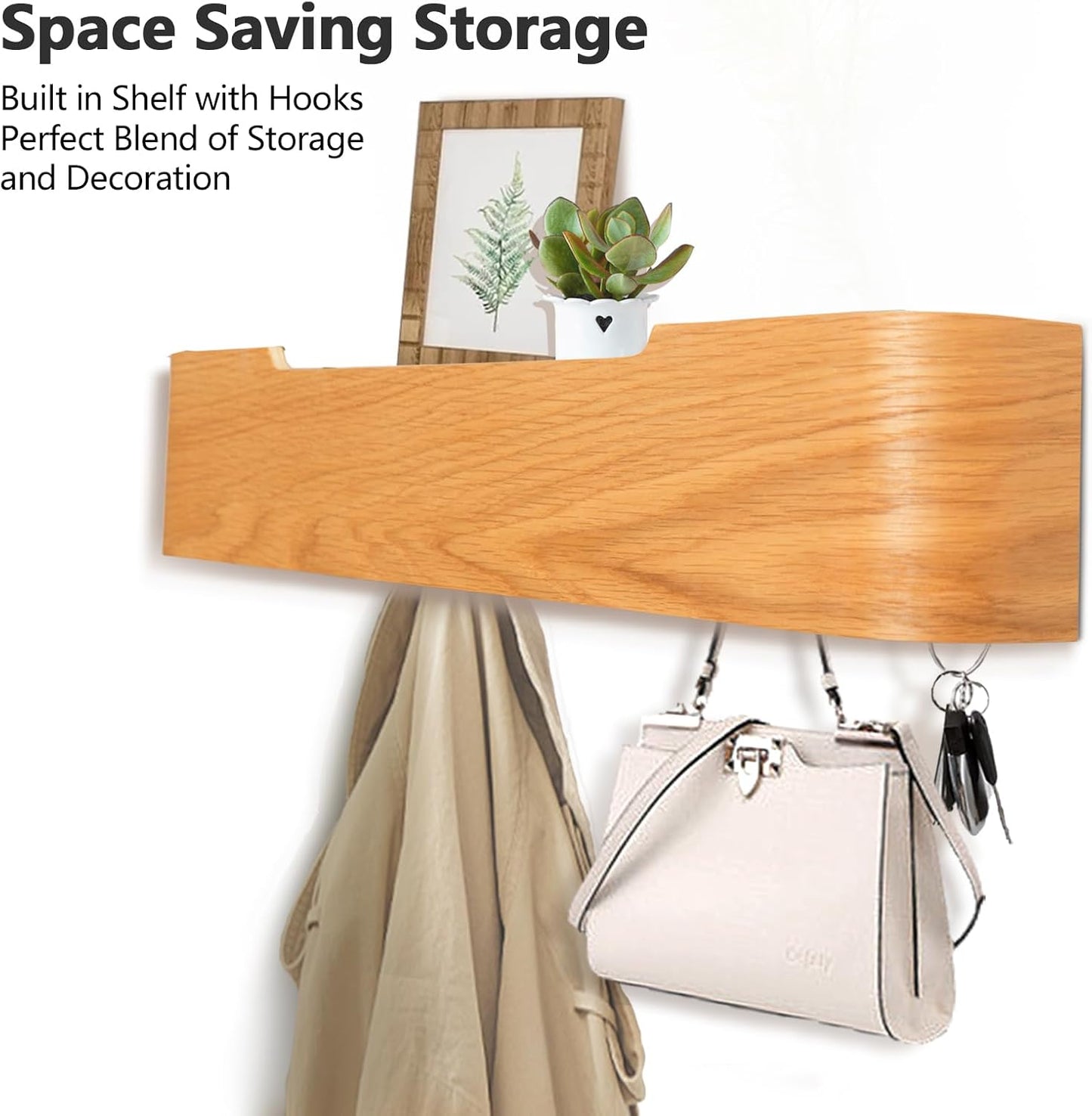 Coat Rack Wall Mount with Hidden Hooks Modern Key Holder Wood Entryway Hook with Shelf for Bedroom Kitchen Hallway