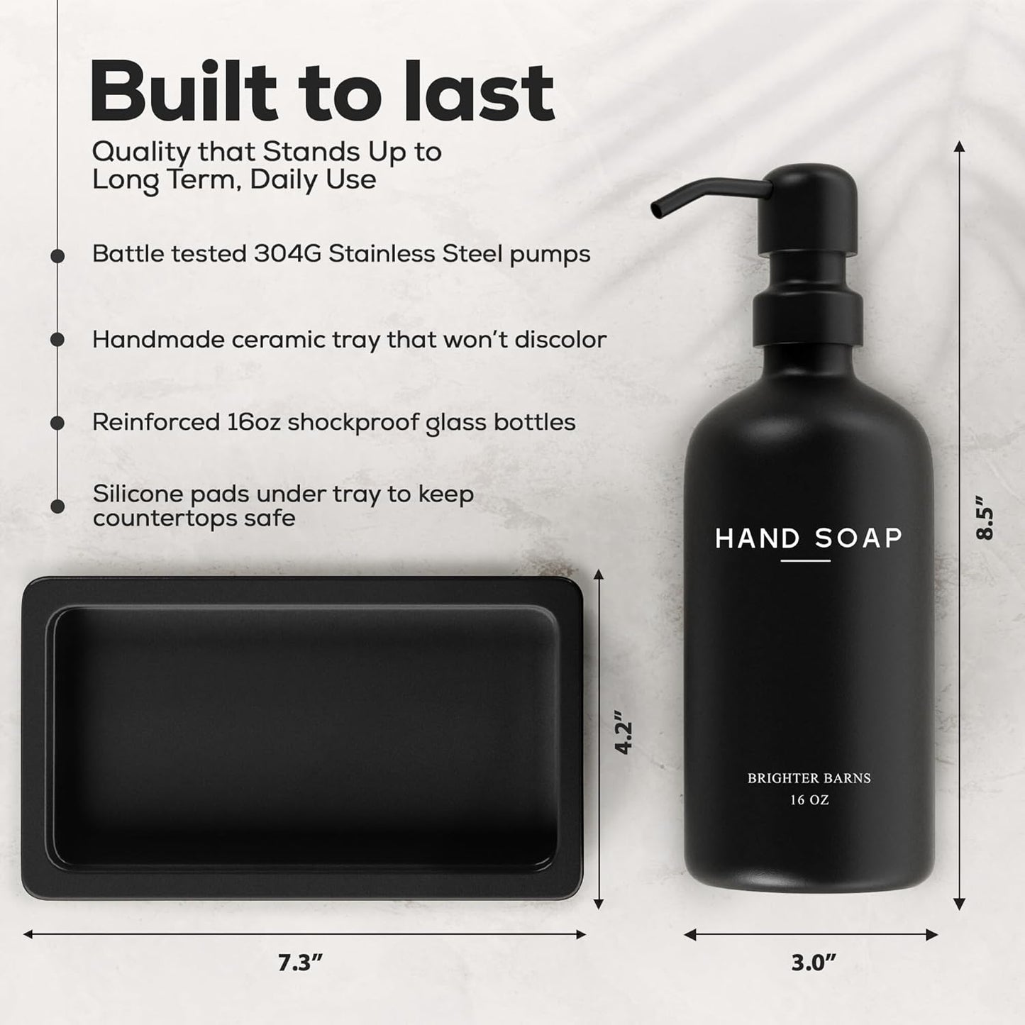 Black Glass Soap and Lotion Dispenser Set with Tray by Brighter Barns - Hand Soap Dispenser Bathroom Set & Stainless