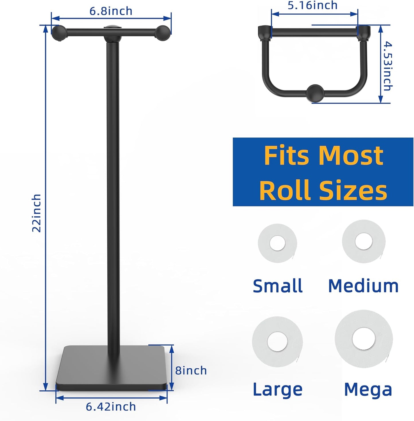 RUACQ Bathroom Toilet Paper Holder Stand, Matte Black | Dual-Post Pivoting Free Standing Toilet Roll Holder with