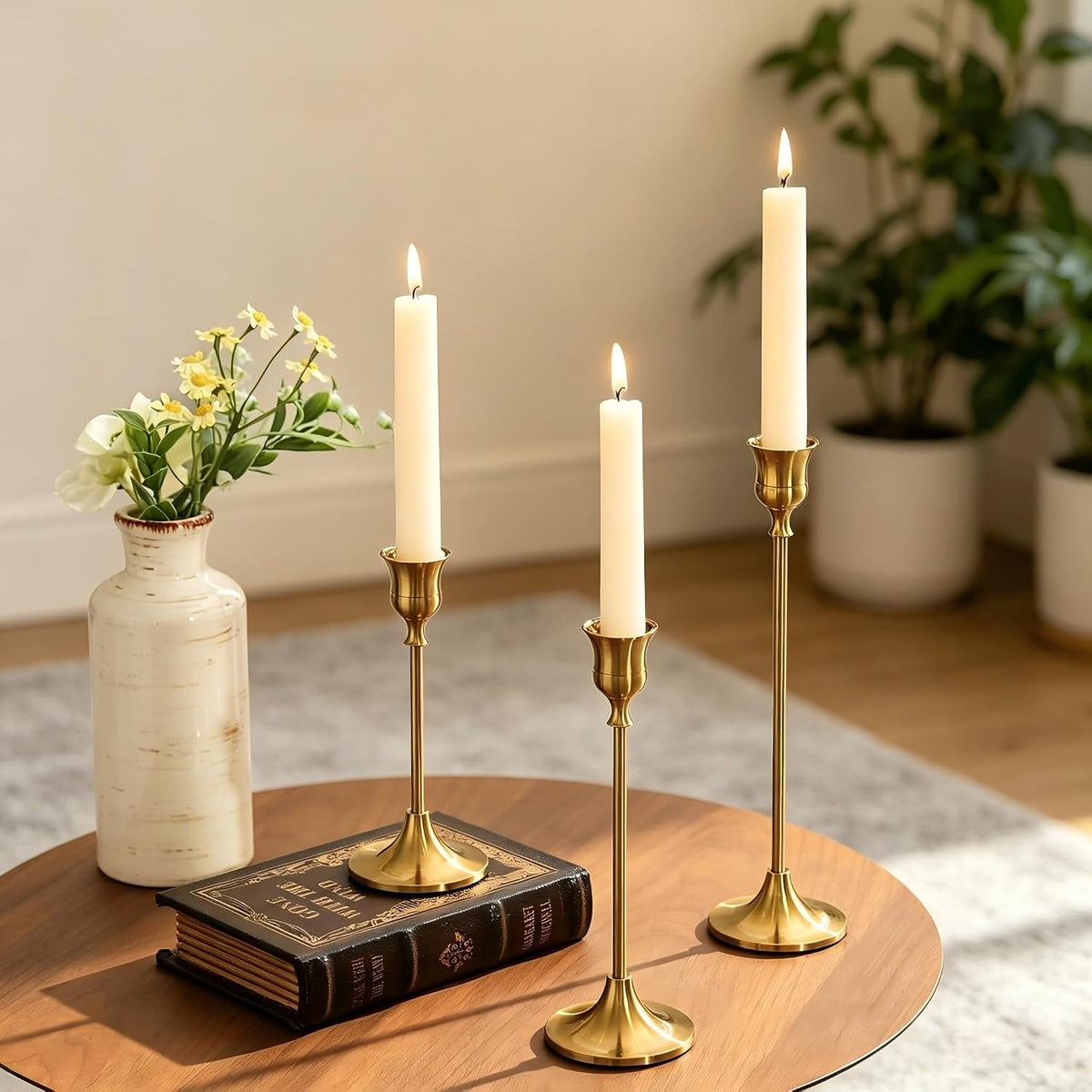 12 Pcs Gold Candlestick Holders, Vintage Metal Candle Holders Taper Candle Stands, Tall Golden Brass Tapered Candle