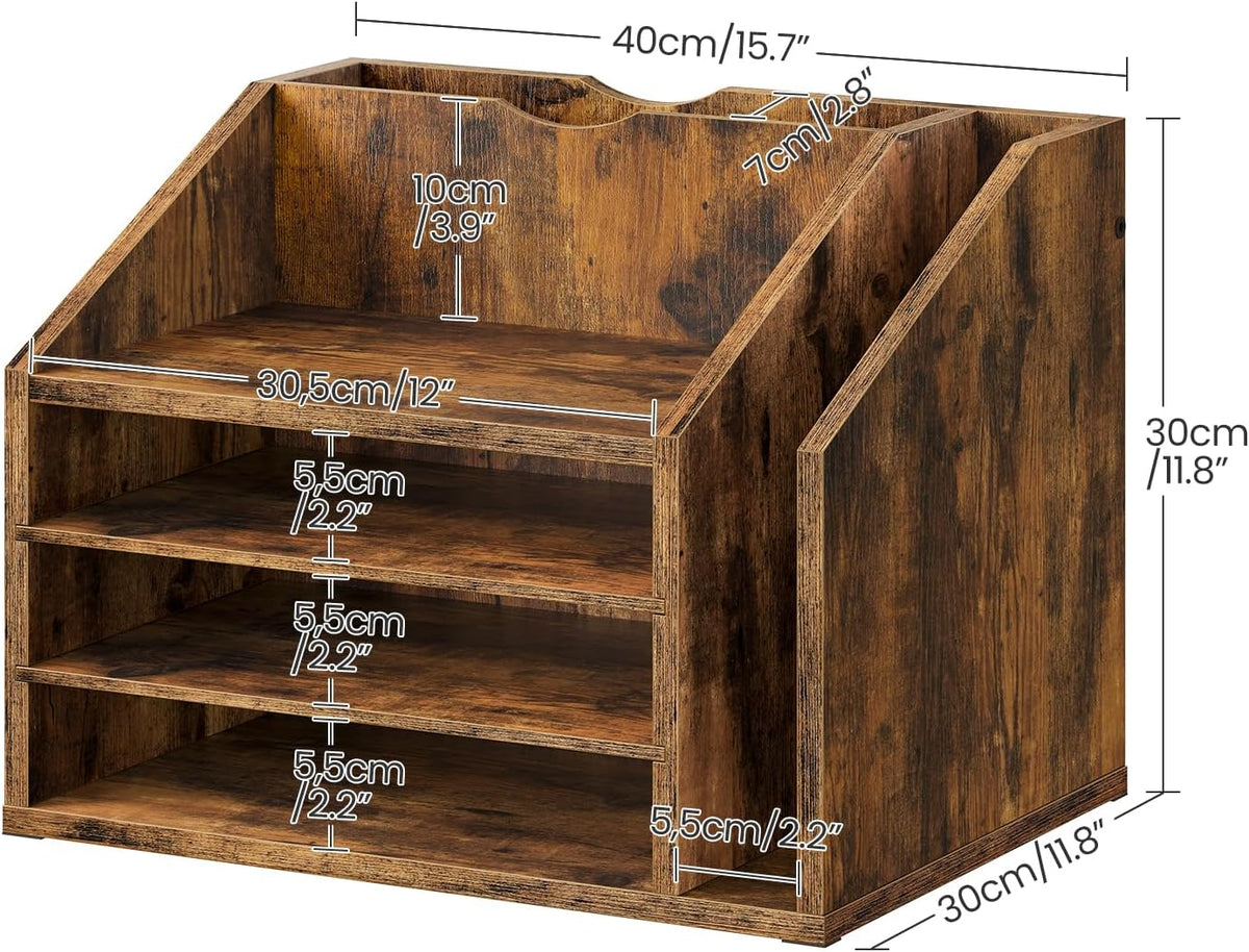 Wooden Desk Organizer with Adjustable Partitions, Multi-Layer Desktop File Holder for Home Office, Paper & Stationery