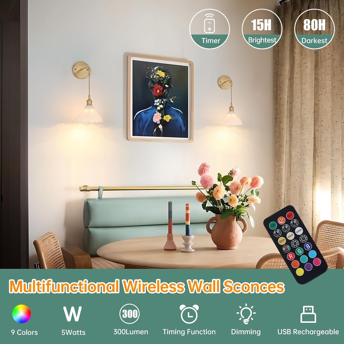 Shenmoyl Battery Operated Wall Sconce with White Lily of the Valley Shade Glass Adjustable Chain Retro Wall Light