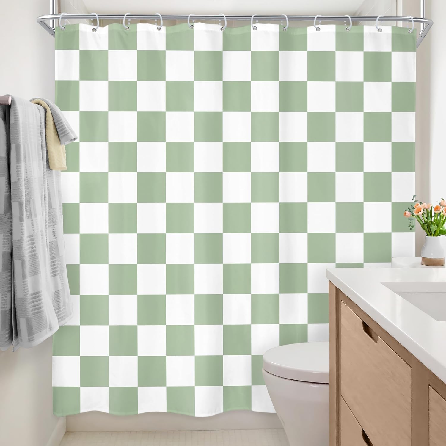 Sage Green White Checkered Shower Curtain L Abstract Y2K / 02 Green White / 72"W x 72"L / 72 x 72