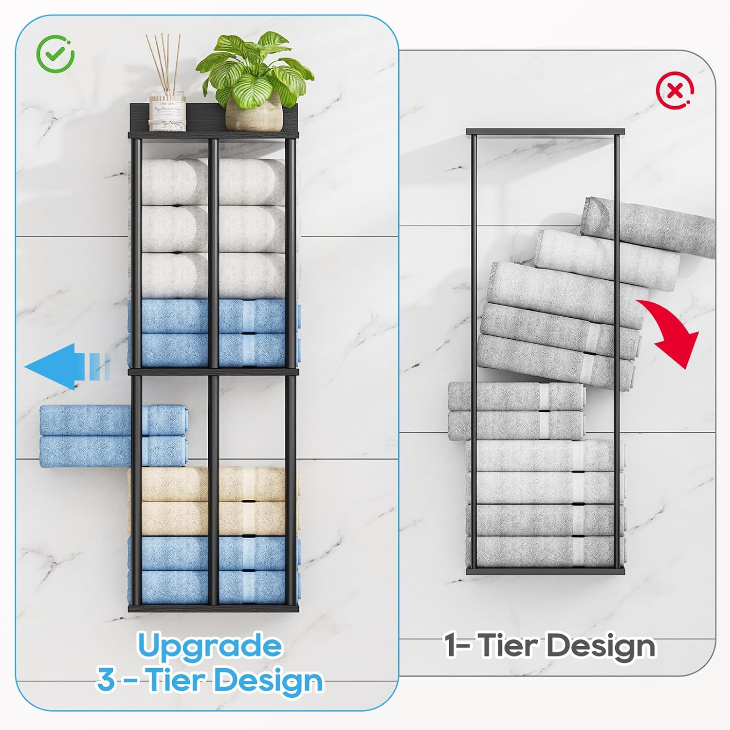 Towel Racks for Bathroom Wall Mounted with Wooden Storage Shelf | Updated 3 Bar Metal Towel Holder for Rolled Towels