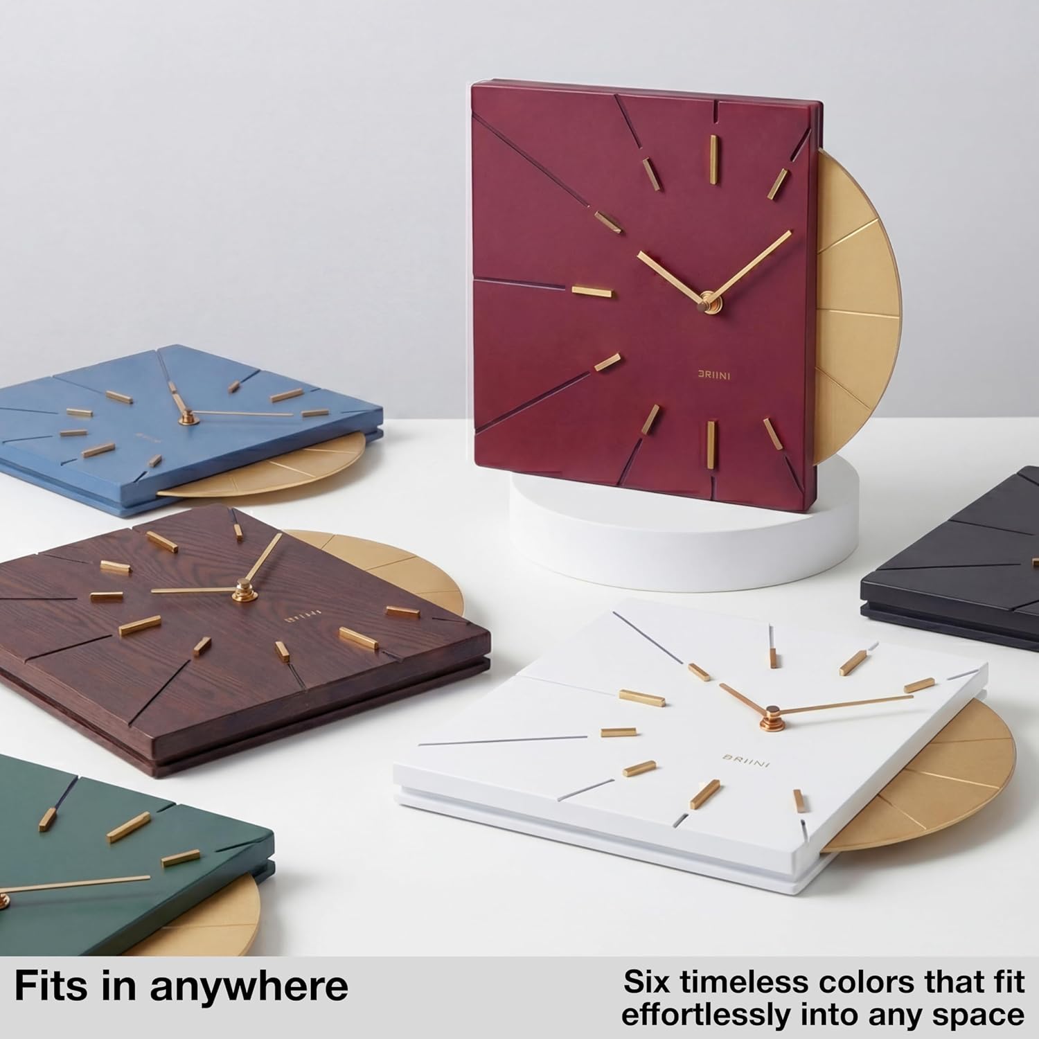 Driini Clocks Mid Century Modern Wall Clock - Square Red Clock with Decorative Gold Accent- Unique and Cool Clock