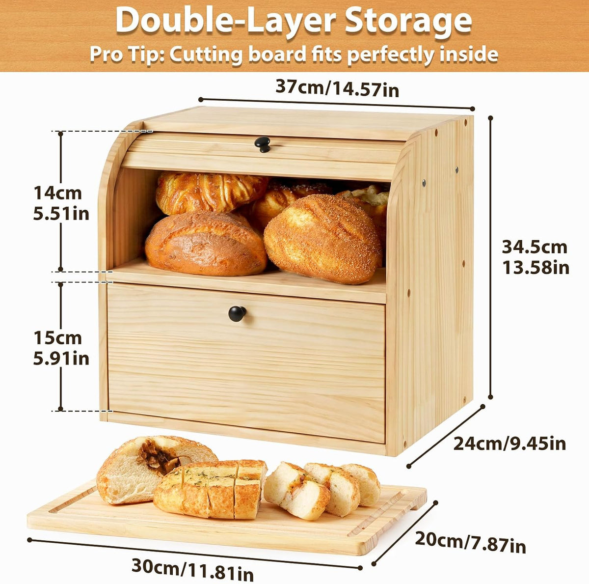 Sunhoo Wooden Bread Box for Kitchen Countertop, Roll Top Breadbox, Natural | Large Double Layer Pantry Container, Solid