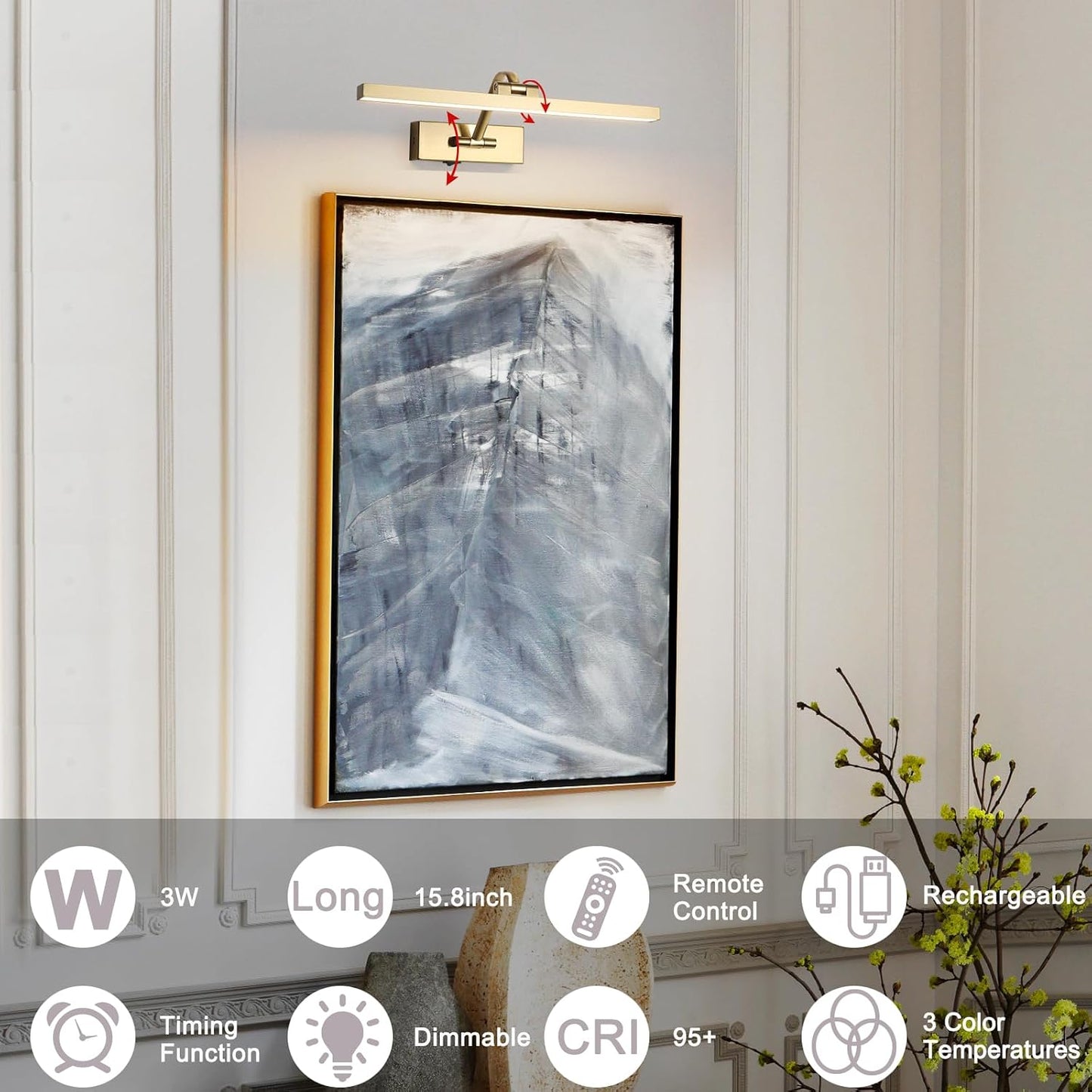 Wireless Picture Lights with Remote and Timer Brass Gallery Lighting Rechargeable Wireless Art Lights 3CCT Dimmable