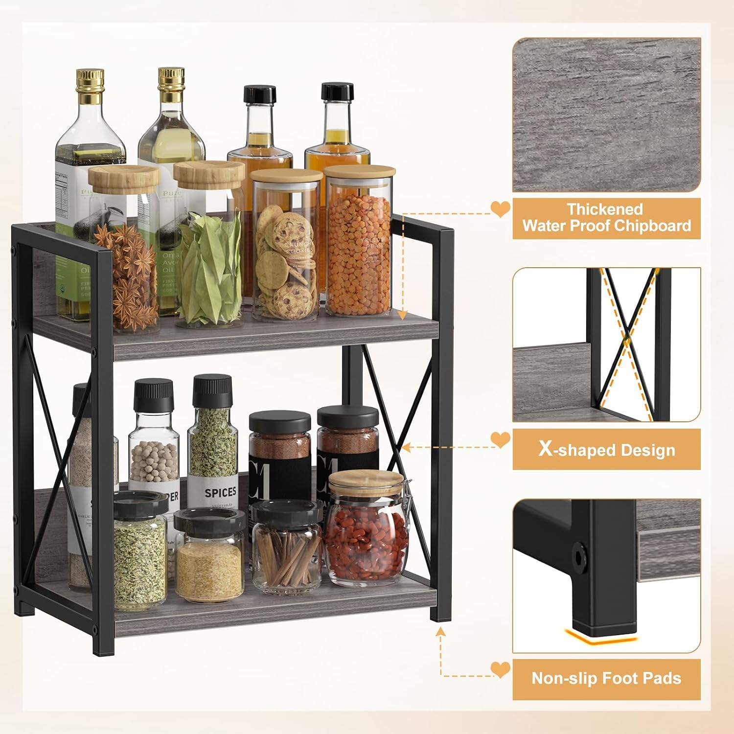 Giikin Countertop Shelf Organizer, 2 Tier Coffee Organizer for Desktop, Grey Counter Shelf Spice Rack for Kitchen