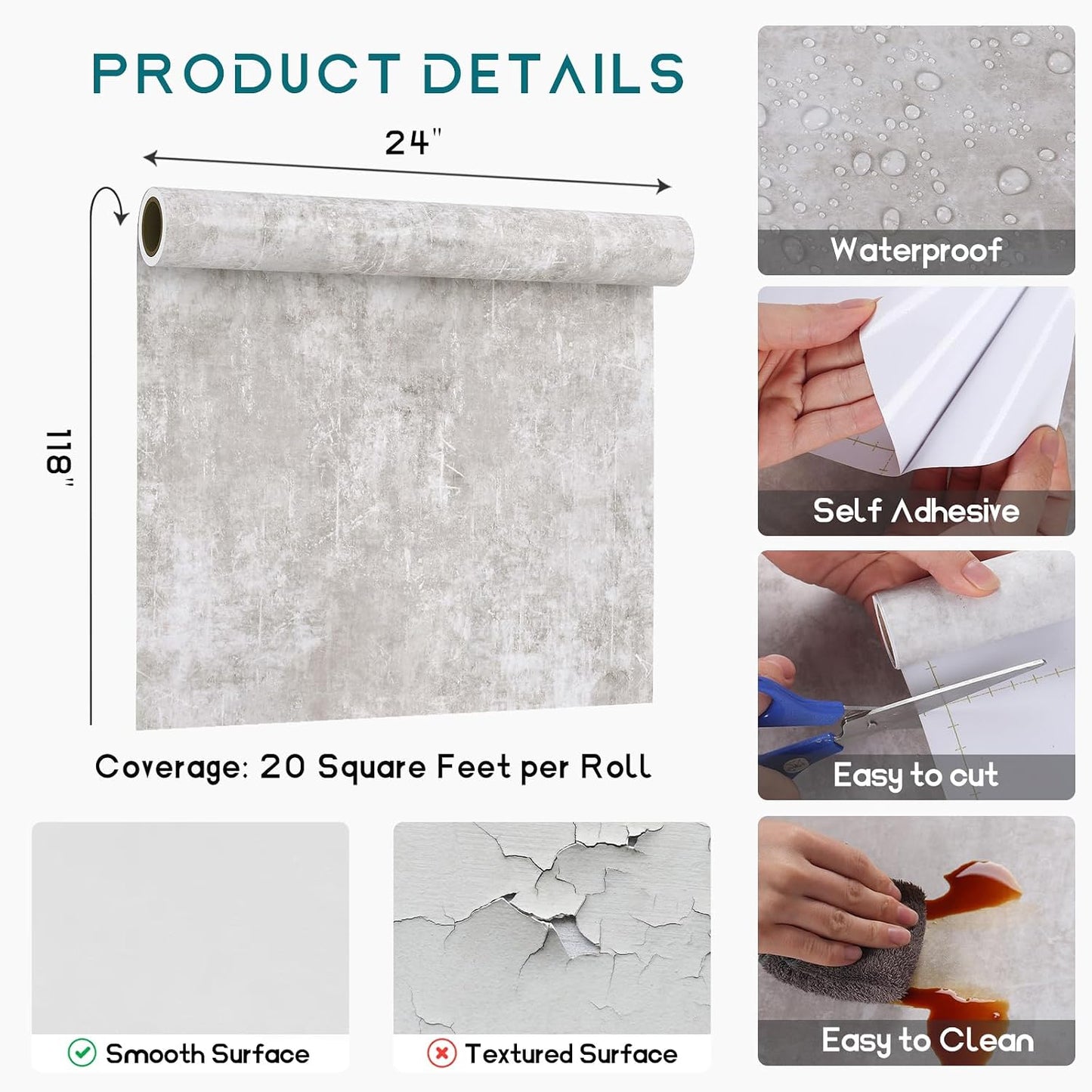 Distressed Concrete Wallpaper Peel and Stick Modern Limewash Wallpaper / 24''x118 / Light Grey