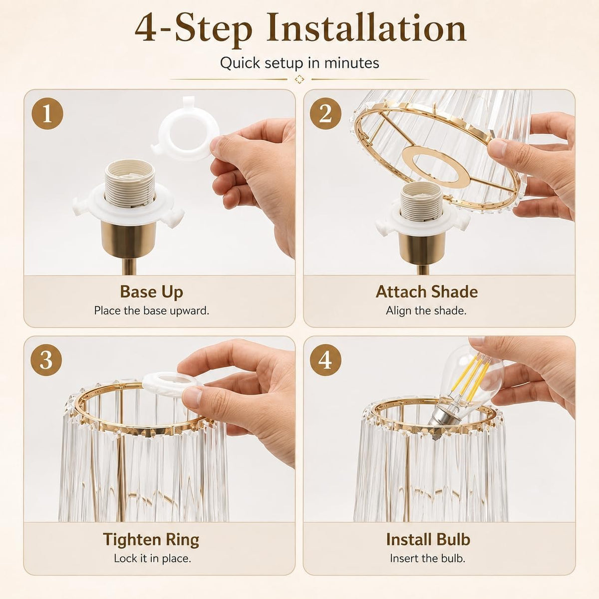Small Cordless Rechargeable Touch Table Lamp, Gold | 5200mAh USB-C, Dimmable Warm Crystal Light, Portable Decor for
