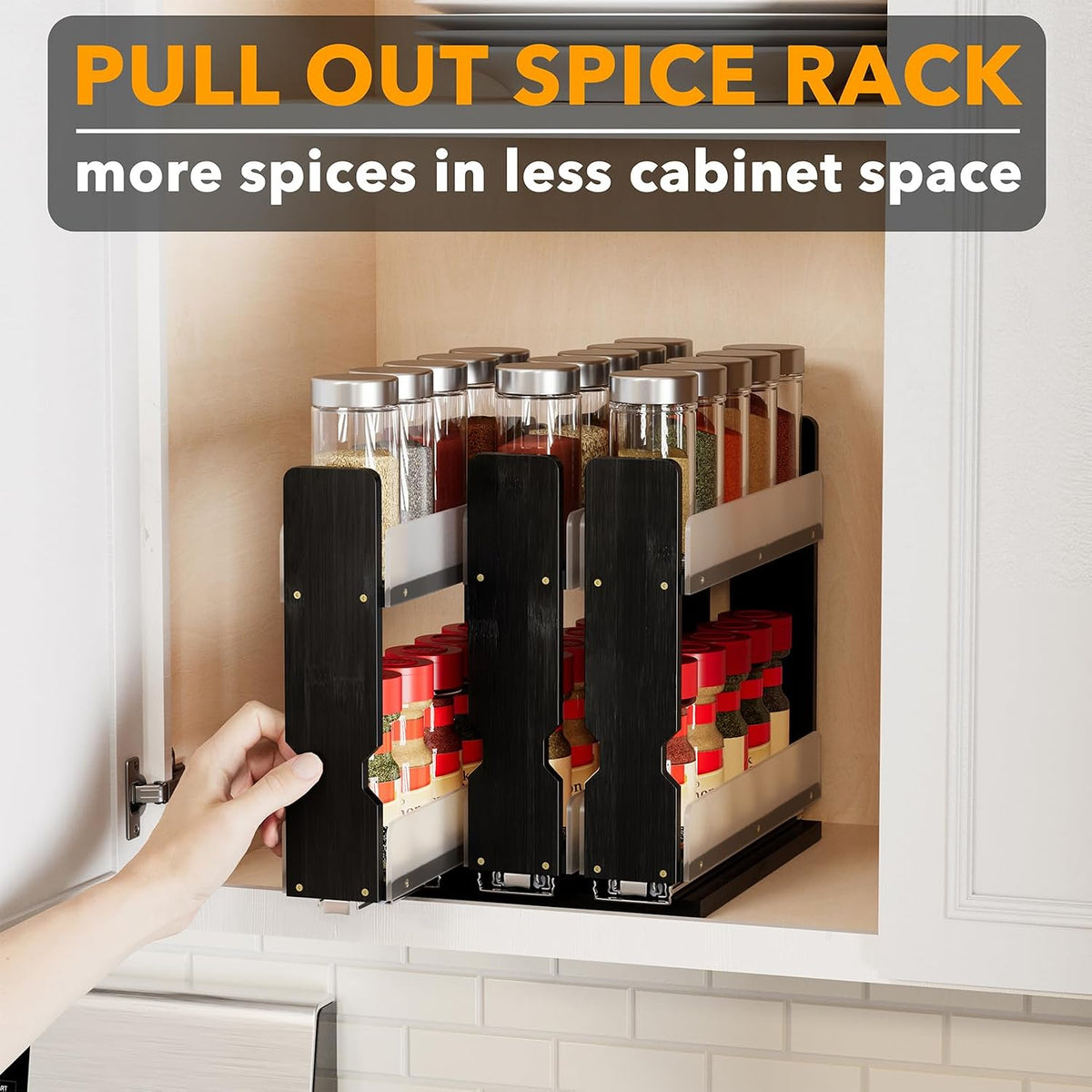 SpaceAid Bamboo Pull Out Spice Rack Organizer for Cabinet, Heavy Duty Slide Out Seasoning Kitchen Pantry Sliding