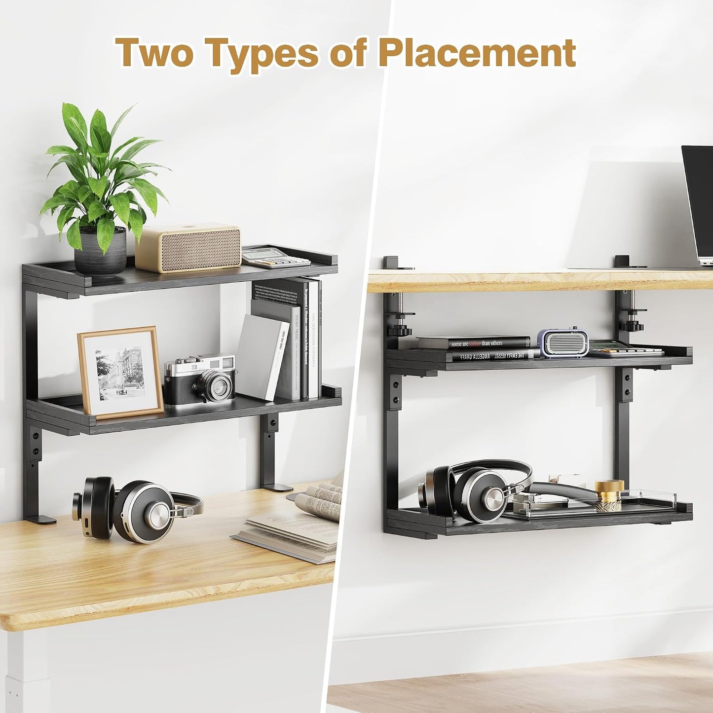 Clamp On Desk Shelf 2-Tier, 16.5 in Wood Shelving Unit for Office Desk/Gaming Accessories, Tabletop Book Storage Rack