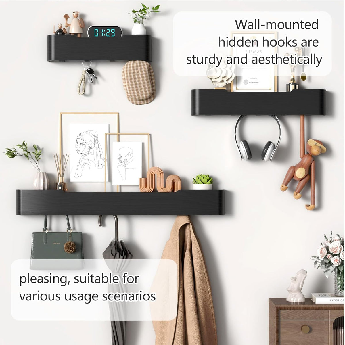 Coat Rack Wall Mount with Shelf 5 Hidden Hooks Modern Wooden Key Holder Entryway Organizer for Hallway Bedroom Bathroom