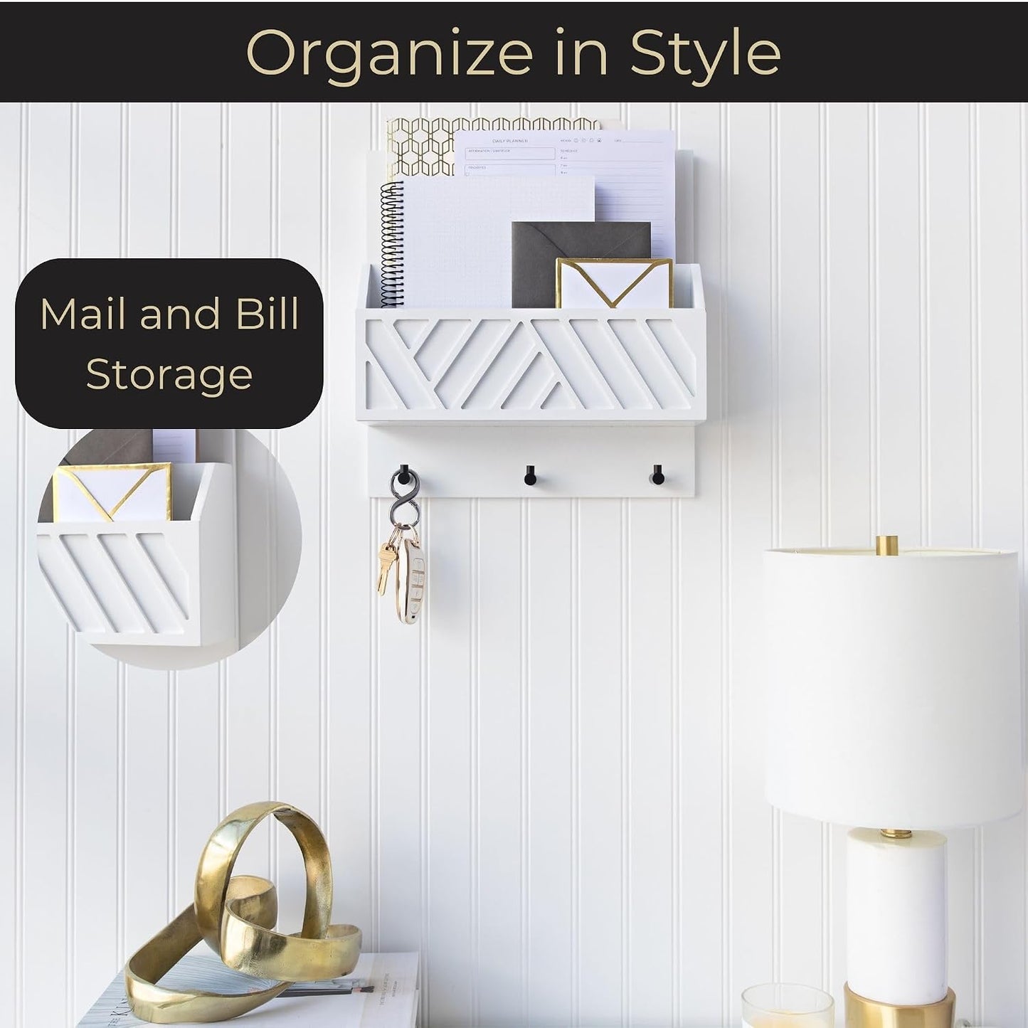 Mail Organizer / Wall Mount Key Holder / White