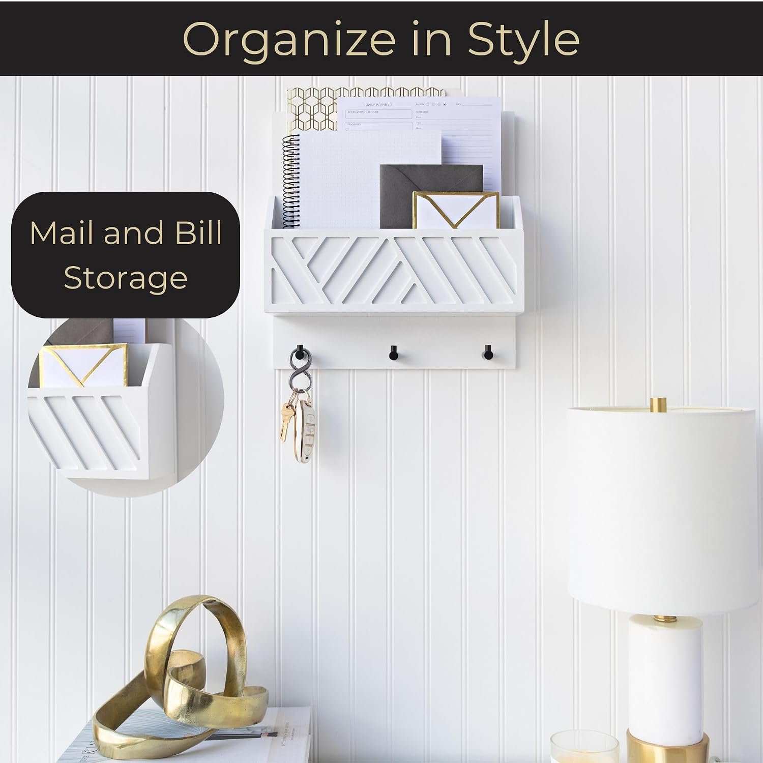 Mail Organizer / Wall Mount Key Holder / White