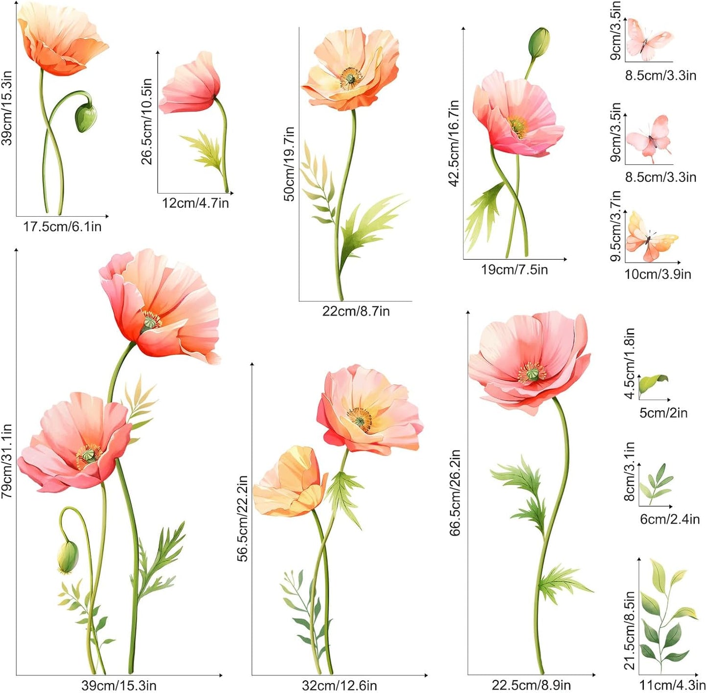 Large Floral Wall Decals Butterfly Wall Stickers Peel and Stick Autumn Floral / Poppy Flower / Pink