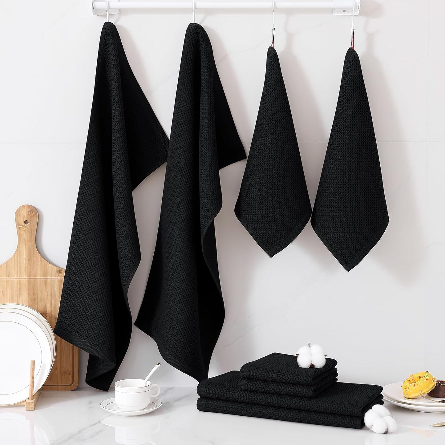 Homaxy 12 Pack 100% Cotton Kitchen Towels and Dishcloths Set, Black | 12 x 12 Inches and 13 x 28 Inches Kitchen Towels