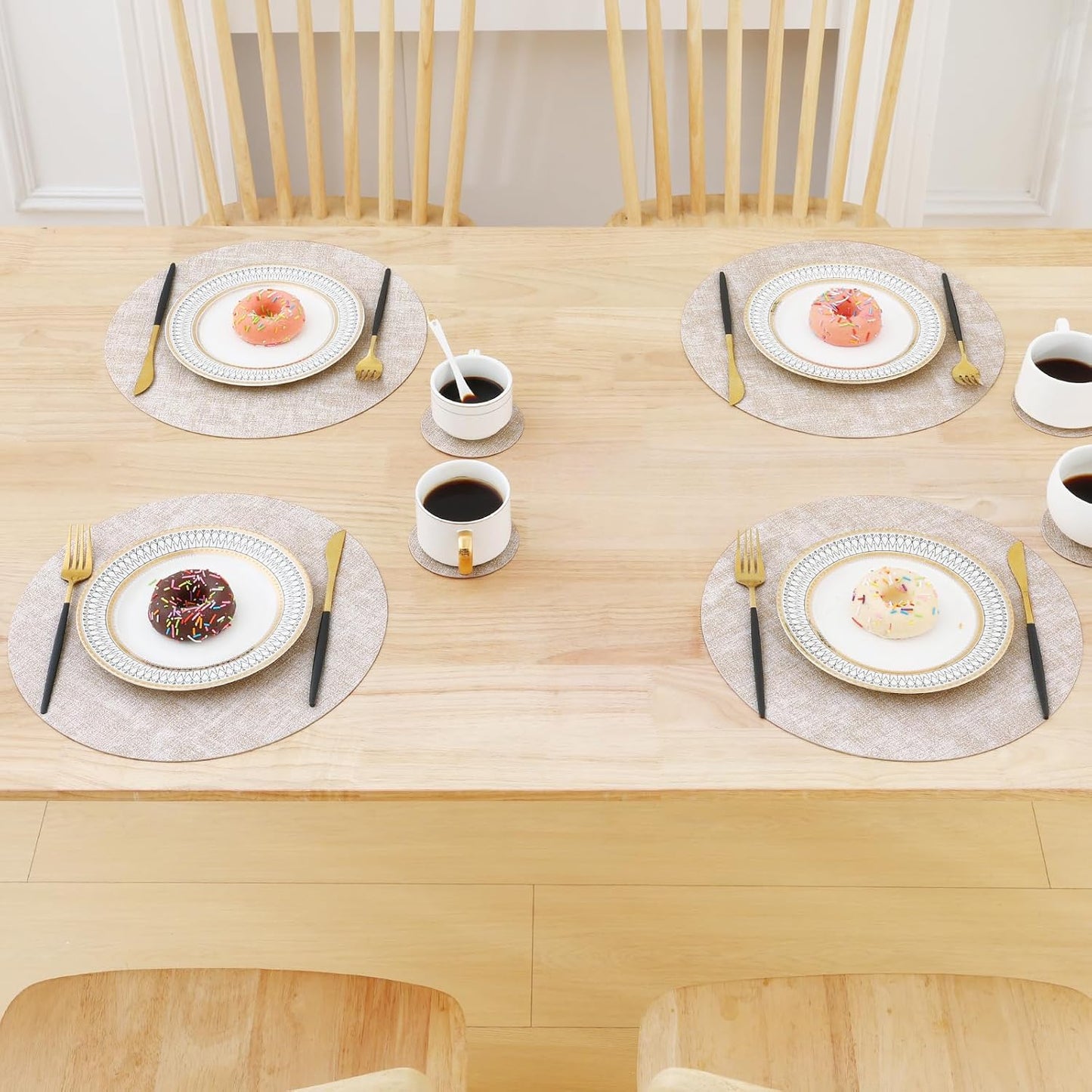 Homaxy Round Faux Leather Placemats and Coasters, Set of 12, Beige | Washable Dual-side Table Mats, Wipeable Place