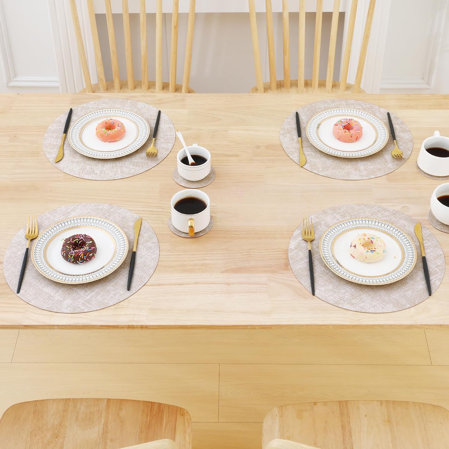 Homaxy Round Faux Leather Placemats and Coasters, Set of 12, Beige | Washable Dual-side Table Mats, Wipeable Place