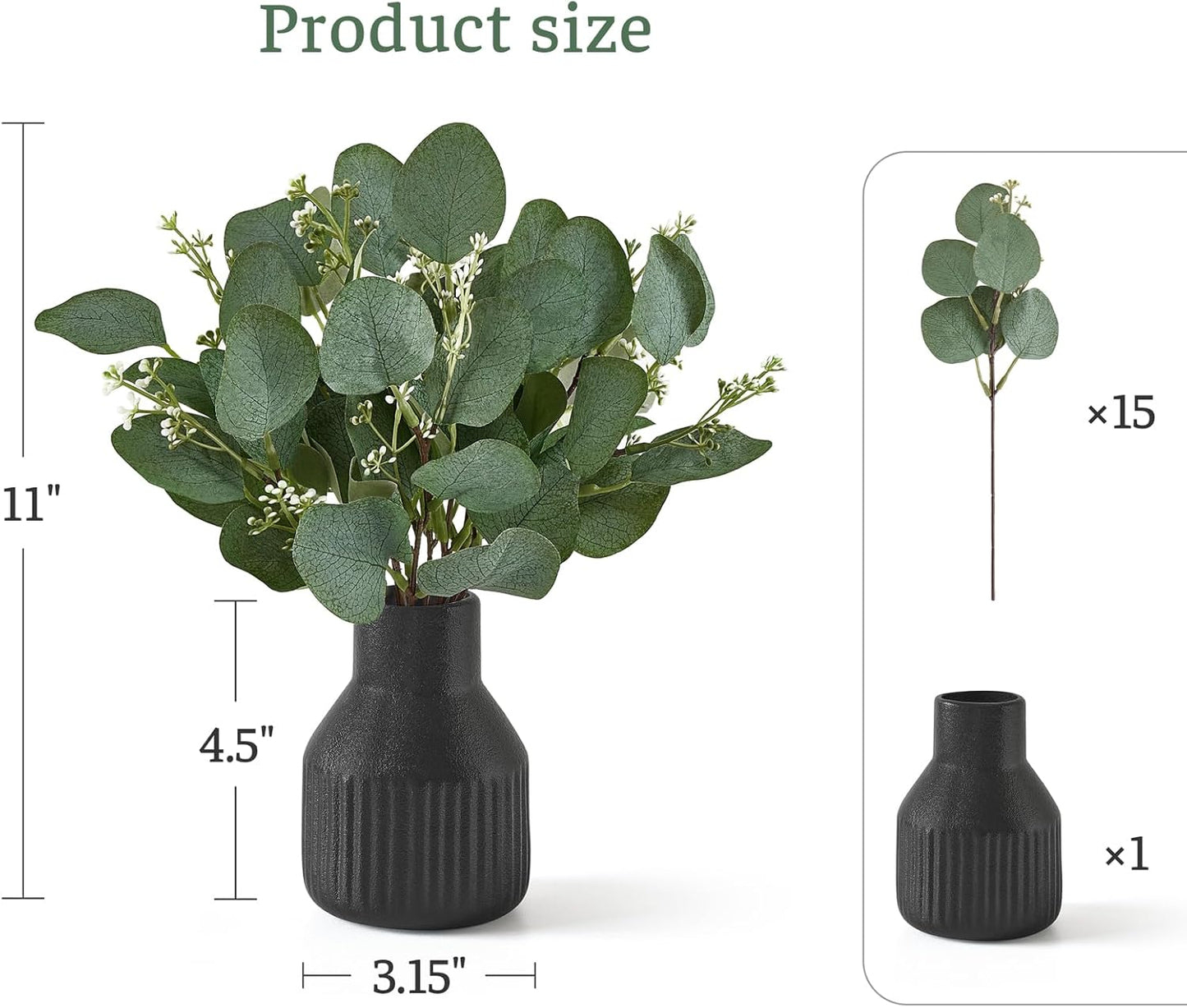 Artificial Eucalyptus Stems in Ceramic Vase Centerpiece Table Decorations Modern / Black / Small