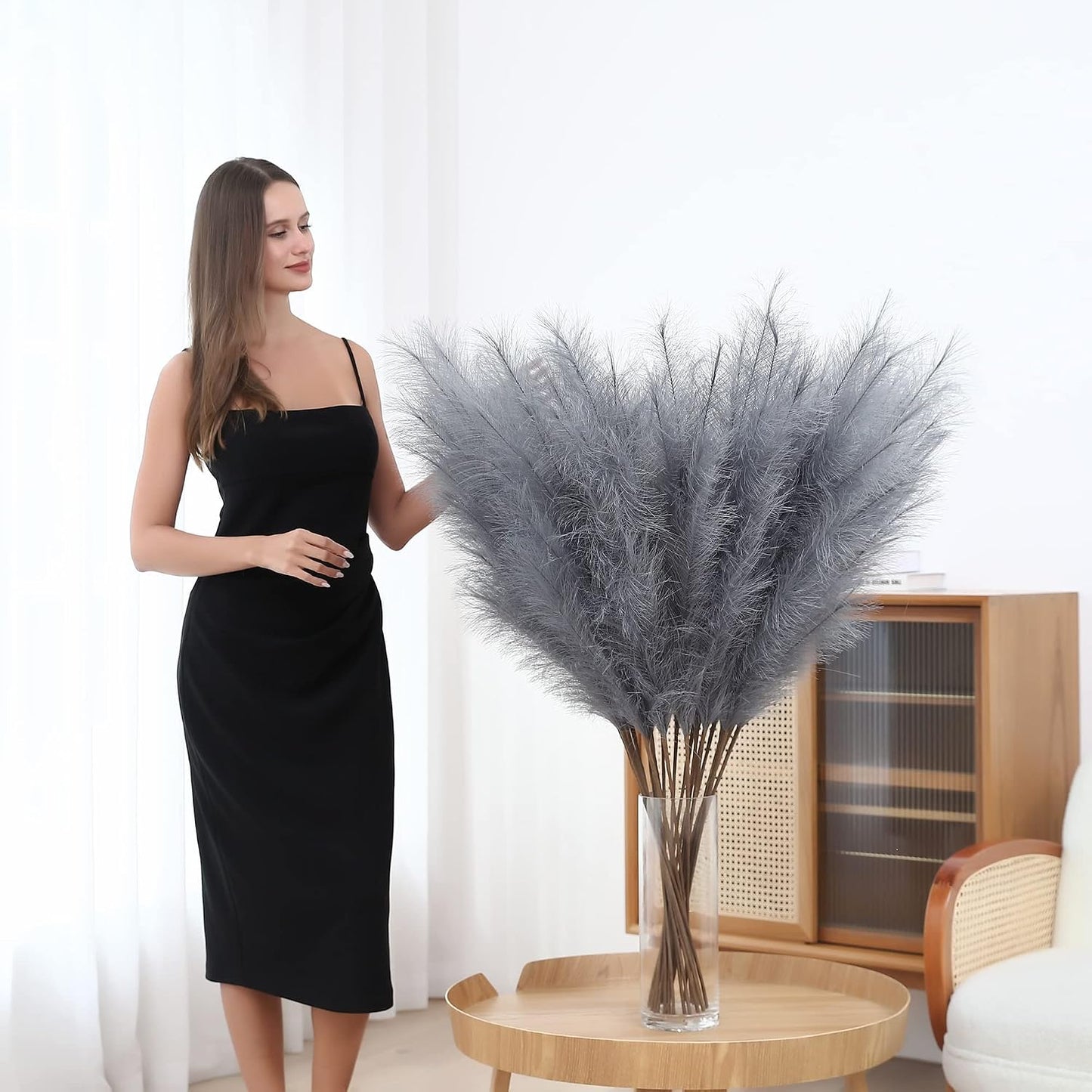 Tall Faux Pampas Grass Decor / Grey / 45 Inch / Set of 8