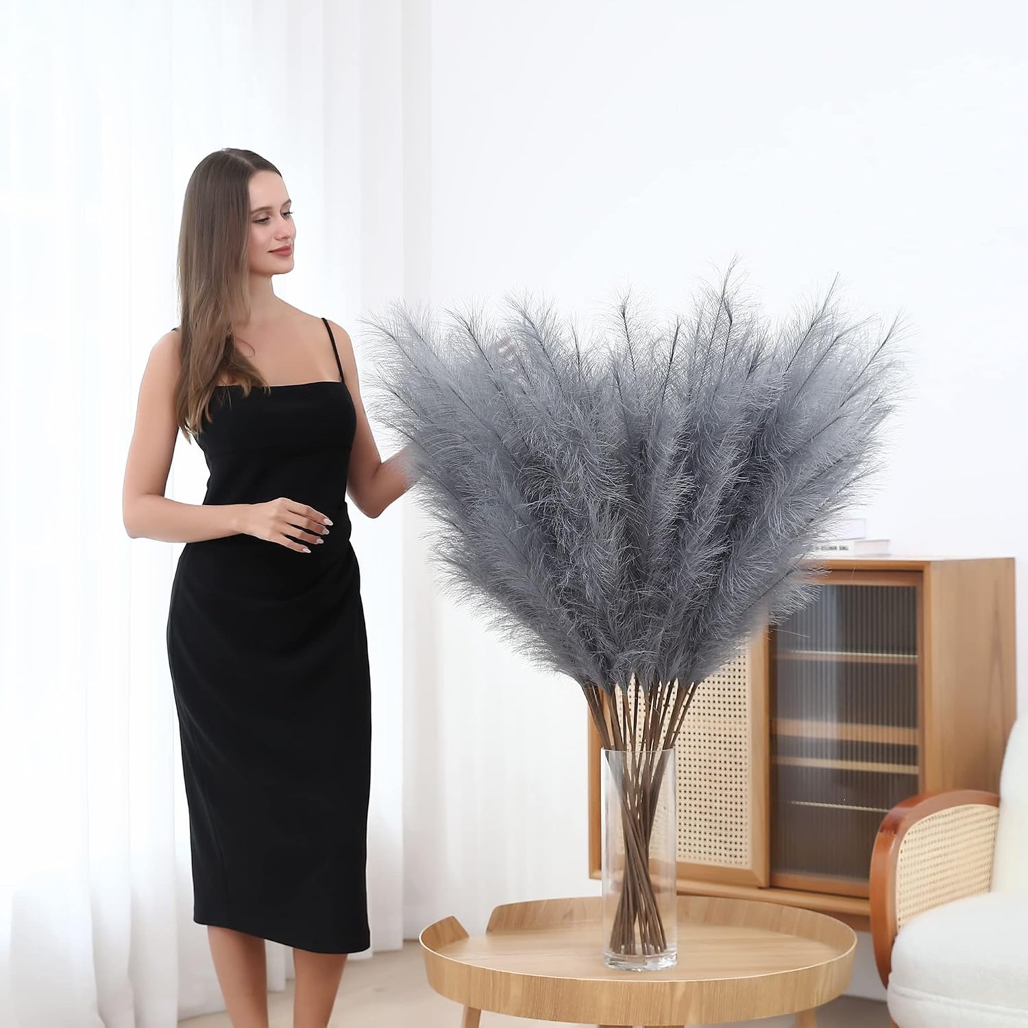 Tall Faux Pampas Grass Decor / Grey / 45 Inch / Set of 8