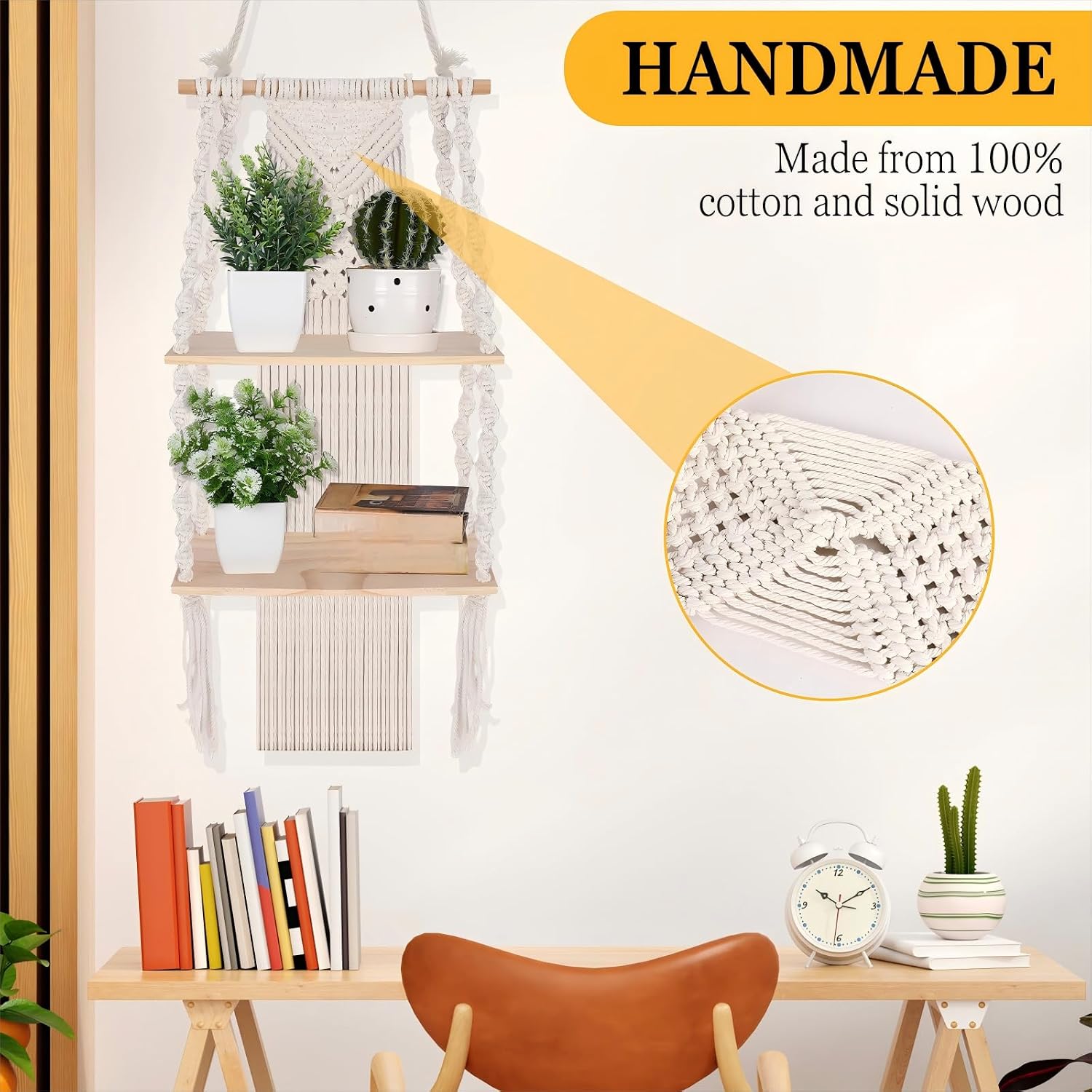 Macrame Wall Hanging Shelf 2 Tier Handmade Boho Hanging Wall Shelf Floating Woven Rope / Classic