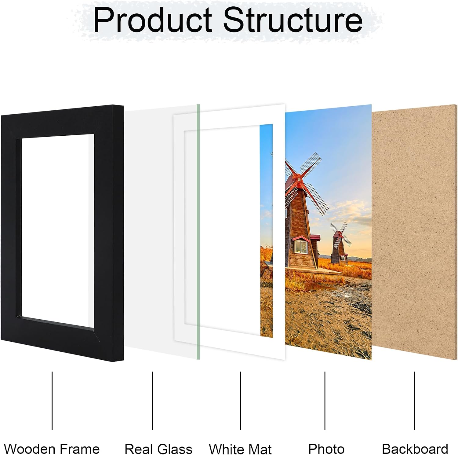 Wooden Frame / Real Glass Cover / Black / 5 x 7 / Set of 4