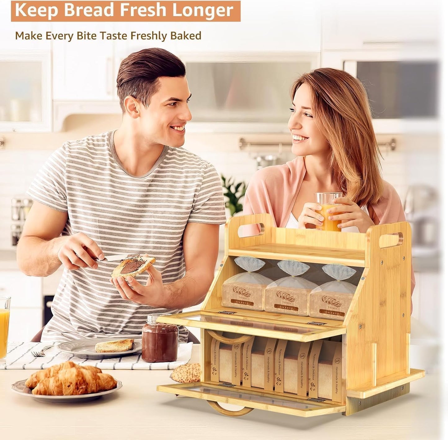 BAMBANG Bread Box for Kitchen Countertop, Extra Large Double Layer Bamboo Breadbox with Clear Window, Farmhouse Wooden