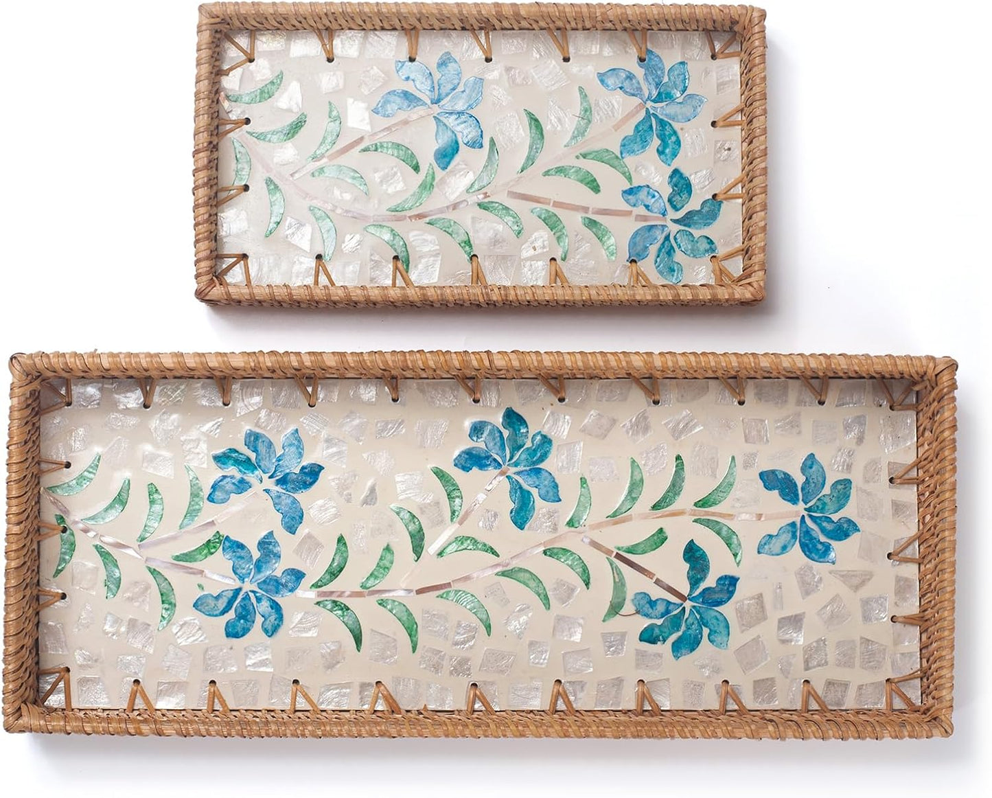 Rattan Bathroom Vanity Tray / Blue Narcissus / Set of 2