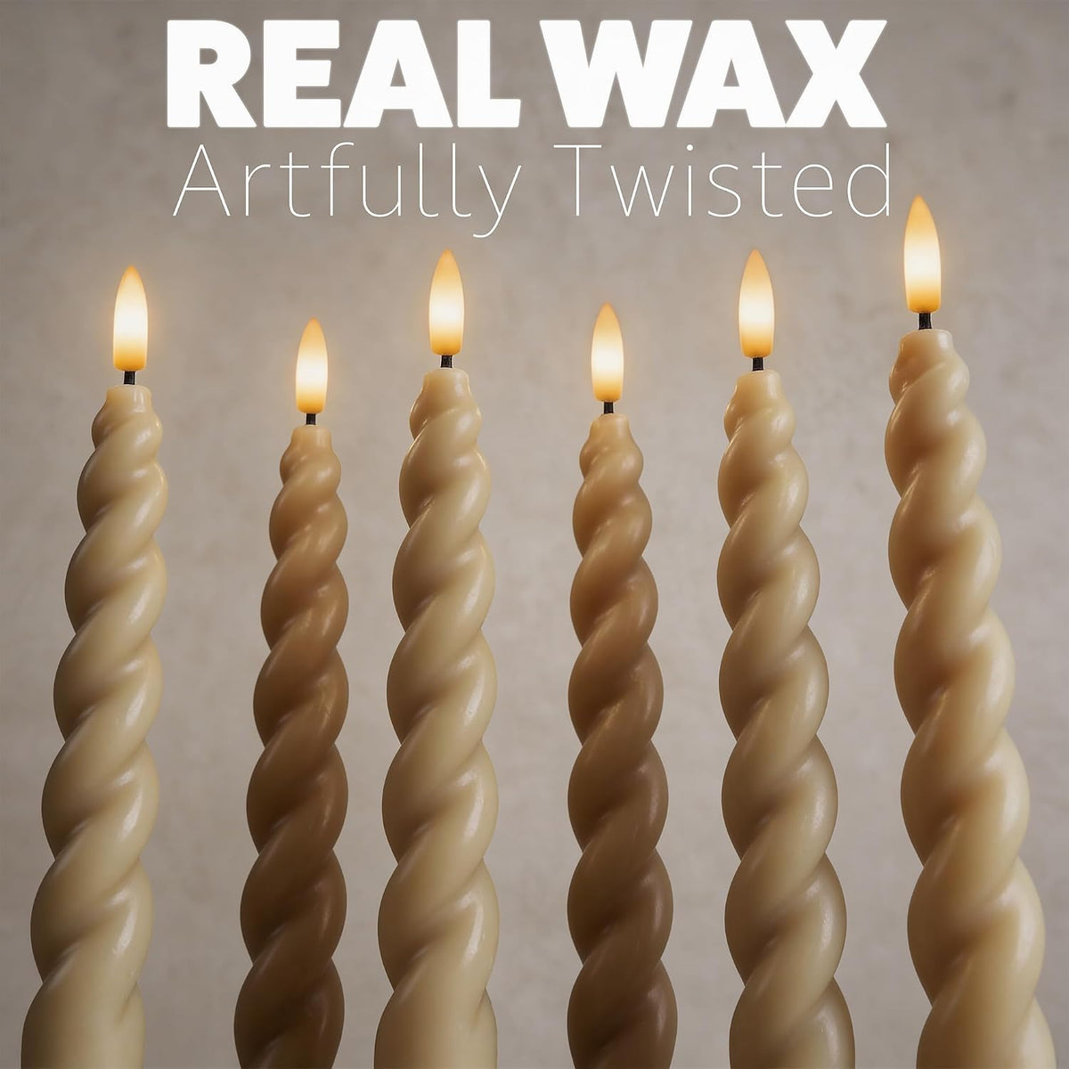 Full Twisted Spiral Flameless LED Taper Candles – Light Tan, Set of 6 – 2/4/6/8-Hr Timer (24-Hr Memory), Remote
