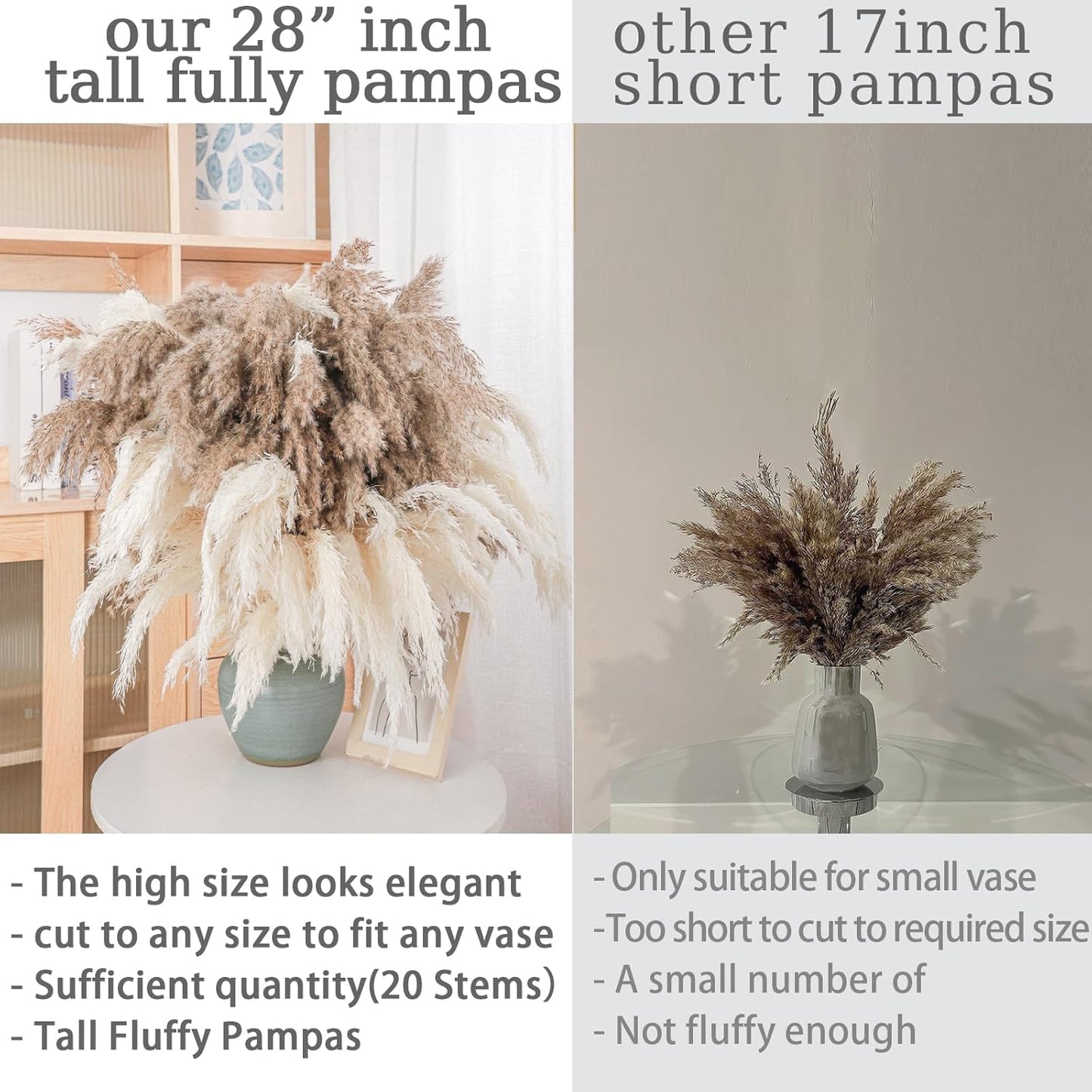 Fluffy & White Pampas Grass Decor Tall Pompas Grass / 10brown & 10white / Brown / Set of 20
