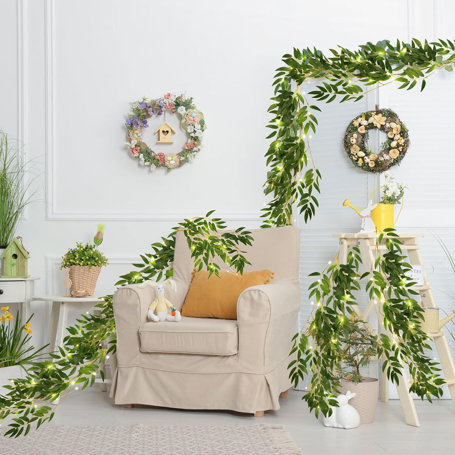 Light 2Pc Fake Silk Green Leaves Ivy Garland Faux / Green with Lights / 5.7 Inch