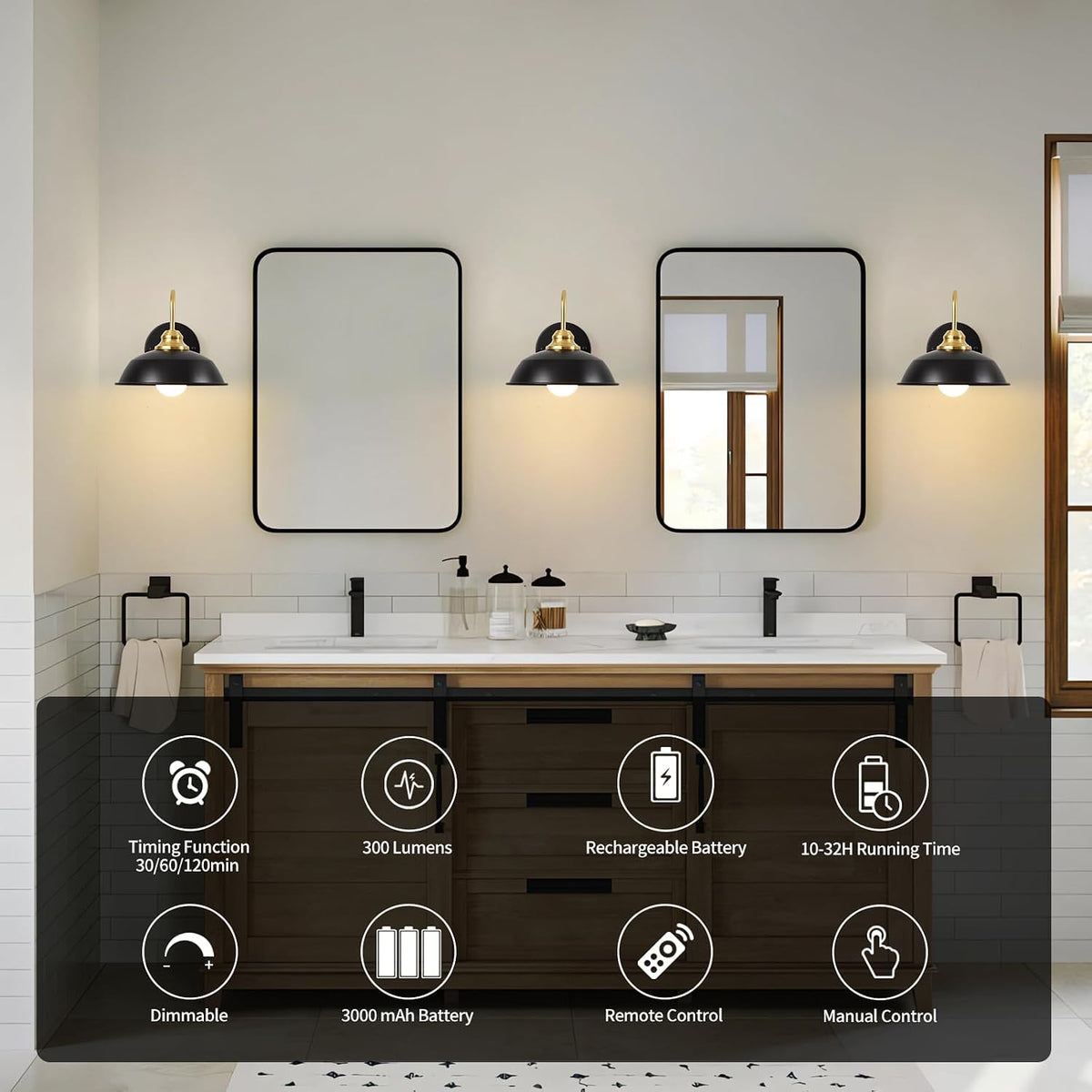 Battery Operated Wall Sconces Set of Two, Gold Wireless Wall Lights with Remote and Dimmable Bulbs for Bedroom/Living