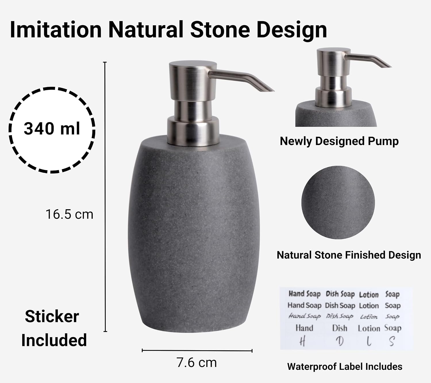Clasin Home Sandstone Textured Resin Soap Dispenser with Metallic Pump and Waterproof Bottle Labels for Bathroom