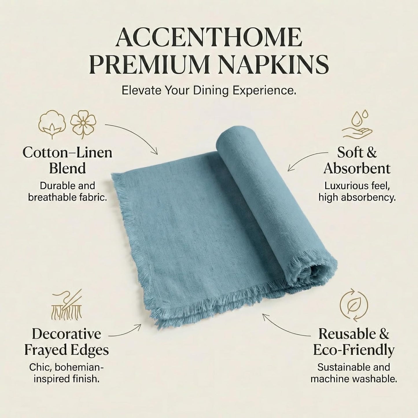 ACCENTHOME Blue Cotton Linen Napkin Set of 12 18x18 inch Dinner Napkins - Washable Soft Premium Hotel Quality Reusable