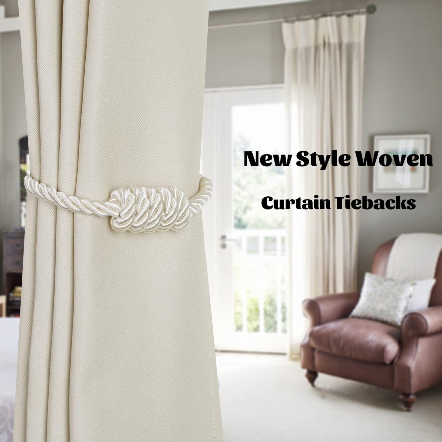 BEL AVENIR Magnetic Curtain Tiebacks 6 Pack Hand-Woven Curtain Ties | Beige Decorative Curtain Holdbacks Bohemian Style