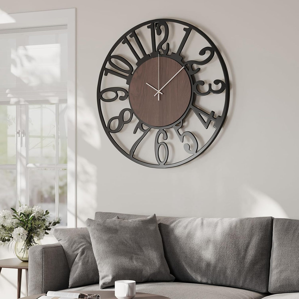 Cuspin Large Wall Clock for Living Room, 24 Inch Wood Metal Farmhouse Clock | Battery operated, Silent non ticking