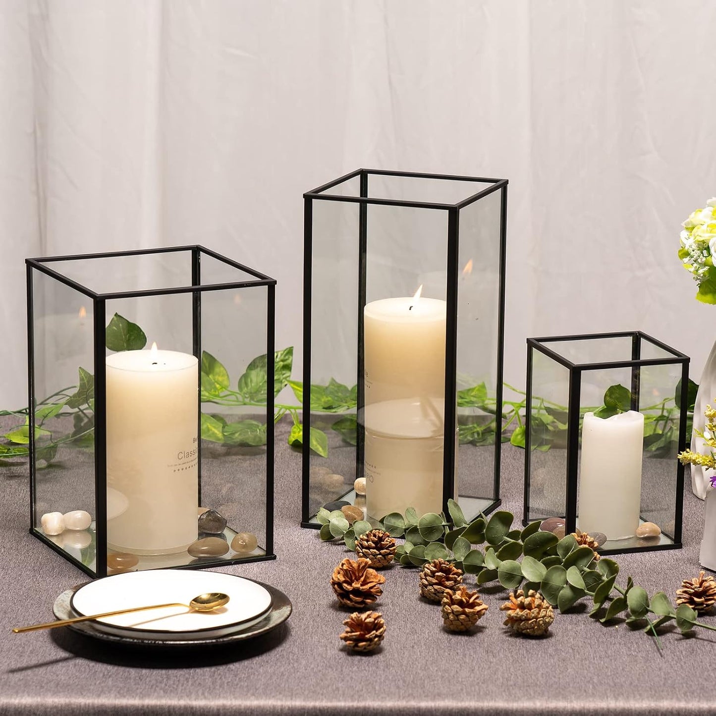 Phosphor Large Glass Hurricane Candle Holder Set of 3 PCS Black Glass Candle Holder for Thankgiving Wedding Party