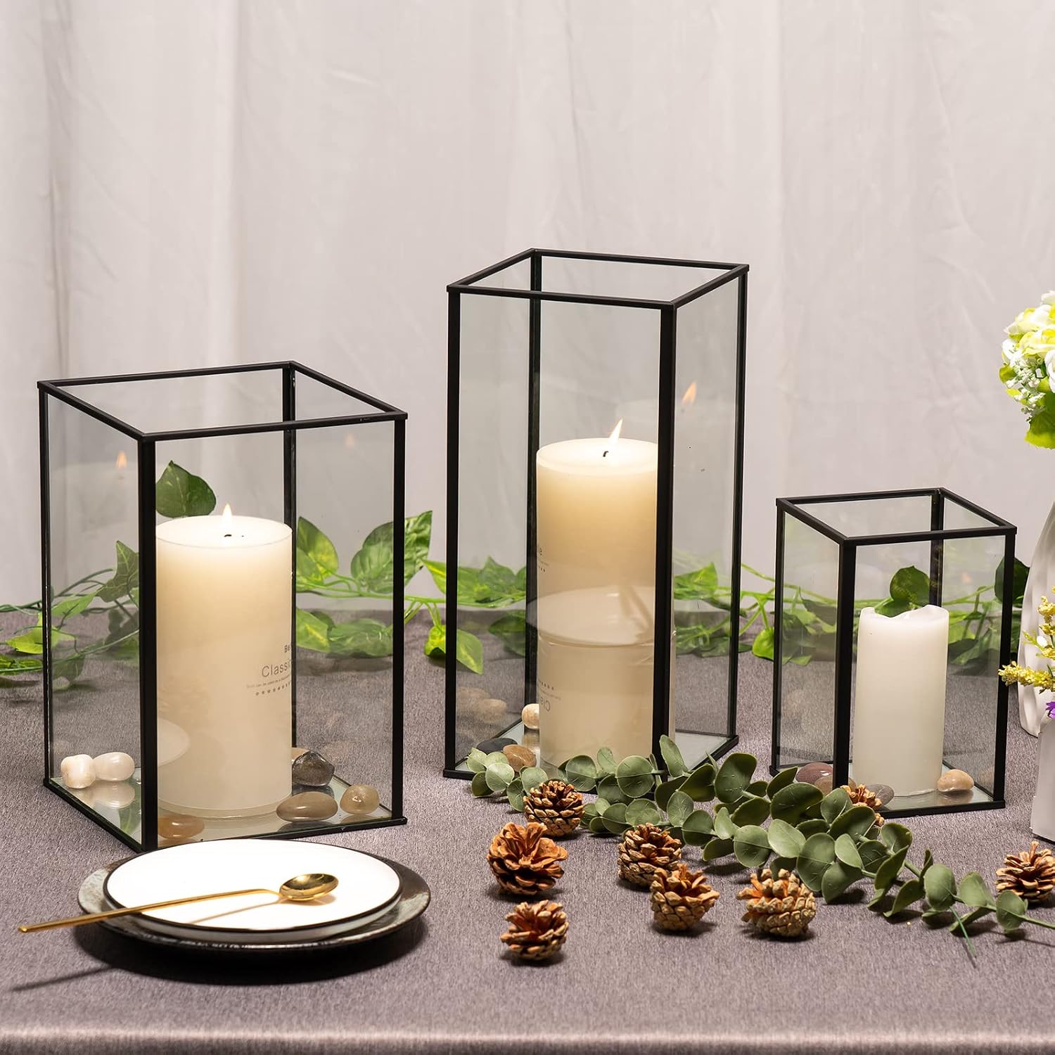 Phosphor Large Glass Hurricane Candle Holder Set of 3 PCS Black Glass Candle Holder for Thankgiving Wedding Party
