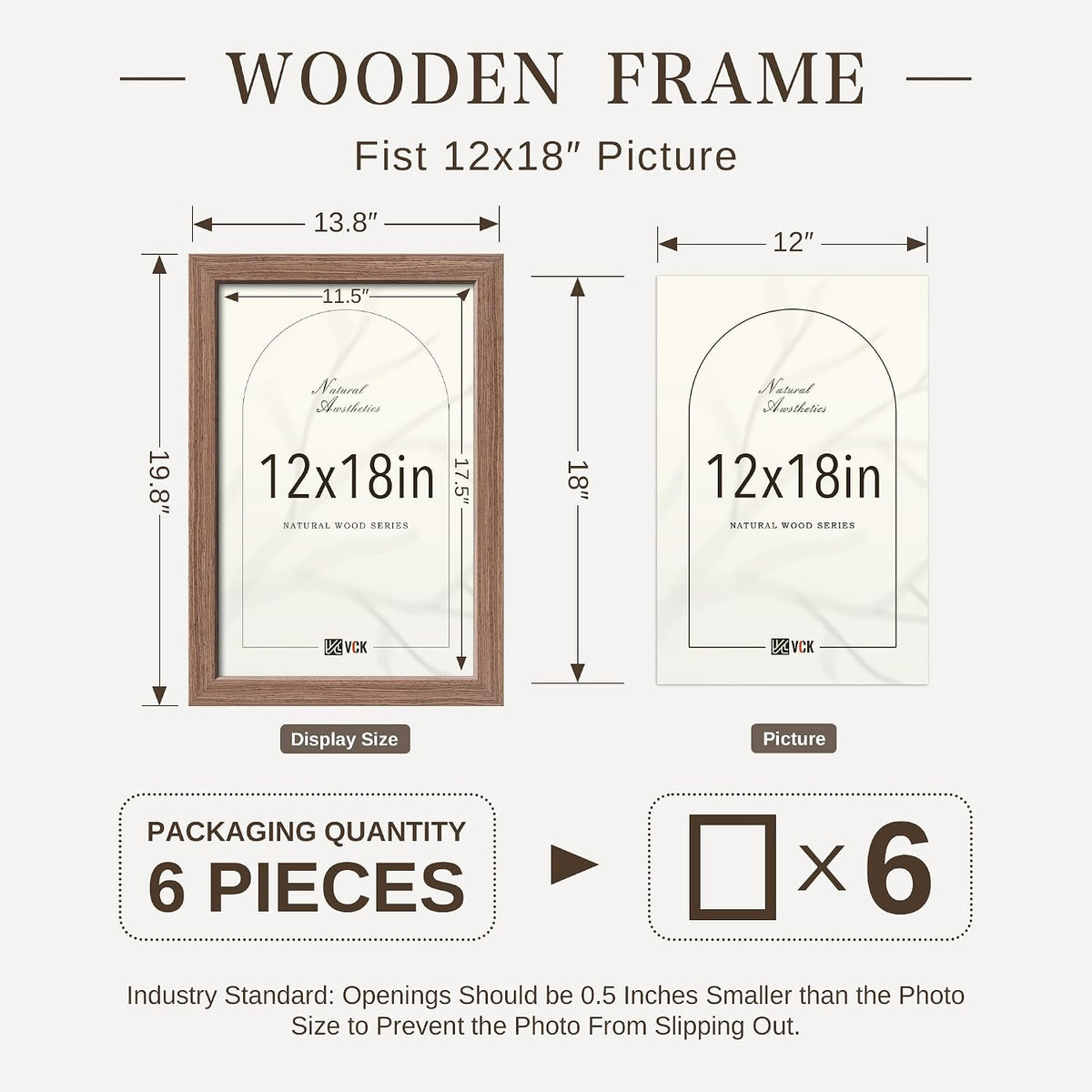 VCK 12x18 Frames Set of 6, Elegant Walnut Wood Picture Frame | 1.1in Wide Border, Wall Hanging, HD Plexiglass
