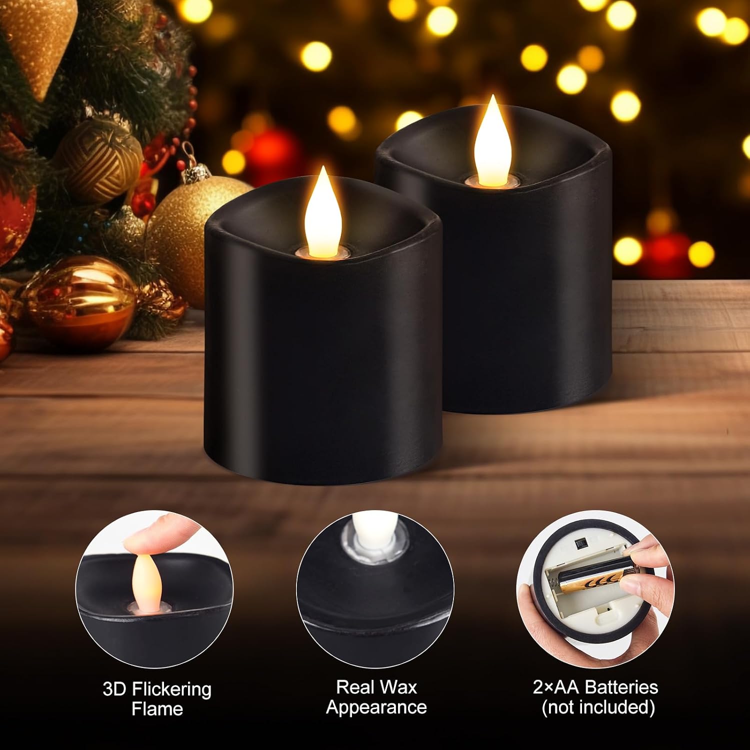 3x3 Flickering Flameless Candles Set of 2, Real Wax LED Candles,with Timer, 3 inch Flameless Candles with