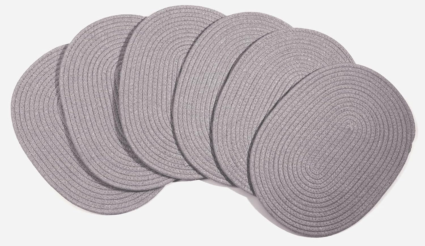 6 Pack Woven Placemats, 12x16 inches Gray Oval Plate Charger Cotton Heat Resistant Non-Slip Weave Place mats Farmhouse