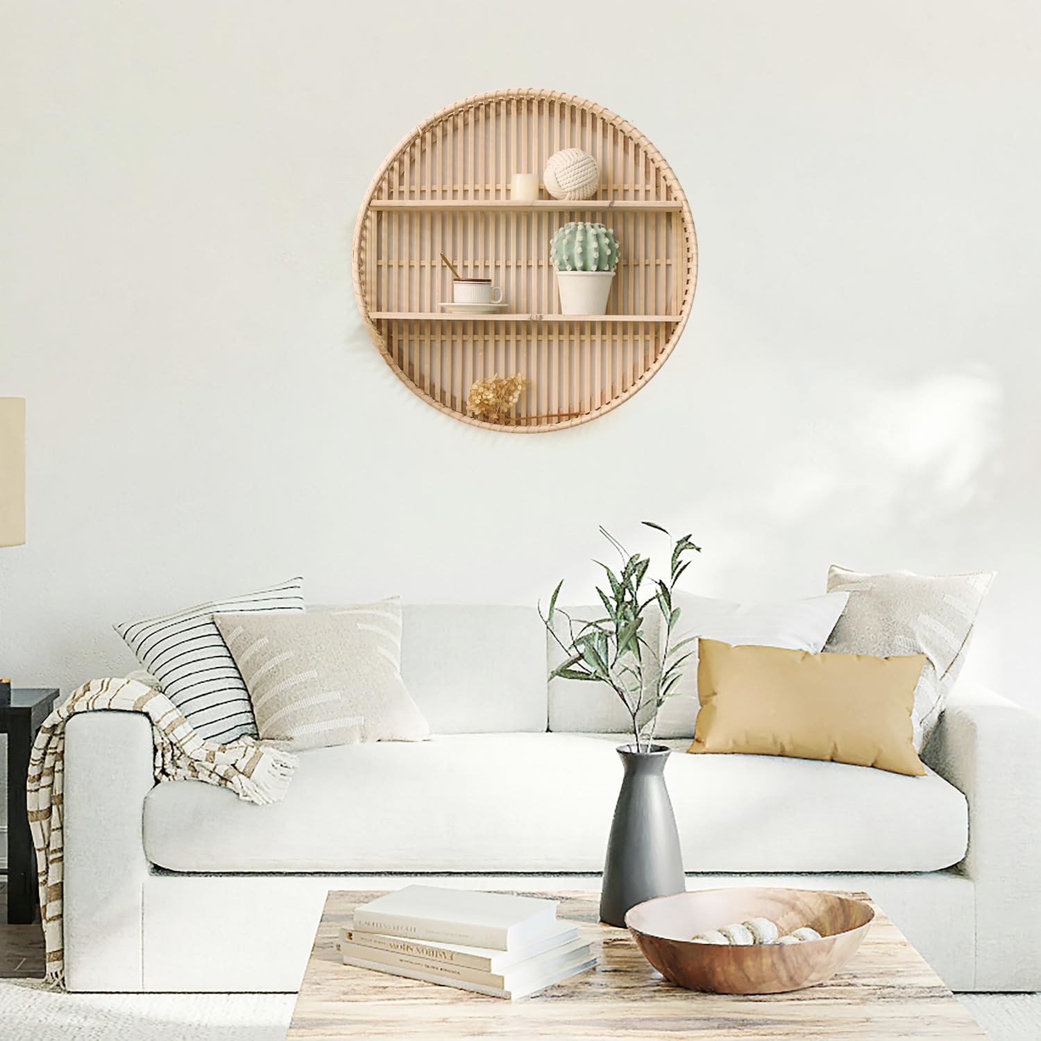 Rattan Wall Shelf 3 Tier Boho Wall Mounted Shelf Farmhouse Handcraft Round Floating Shelf Display