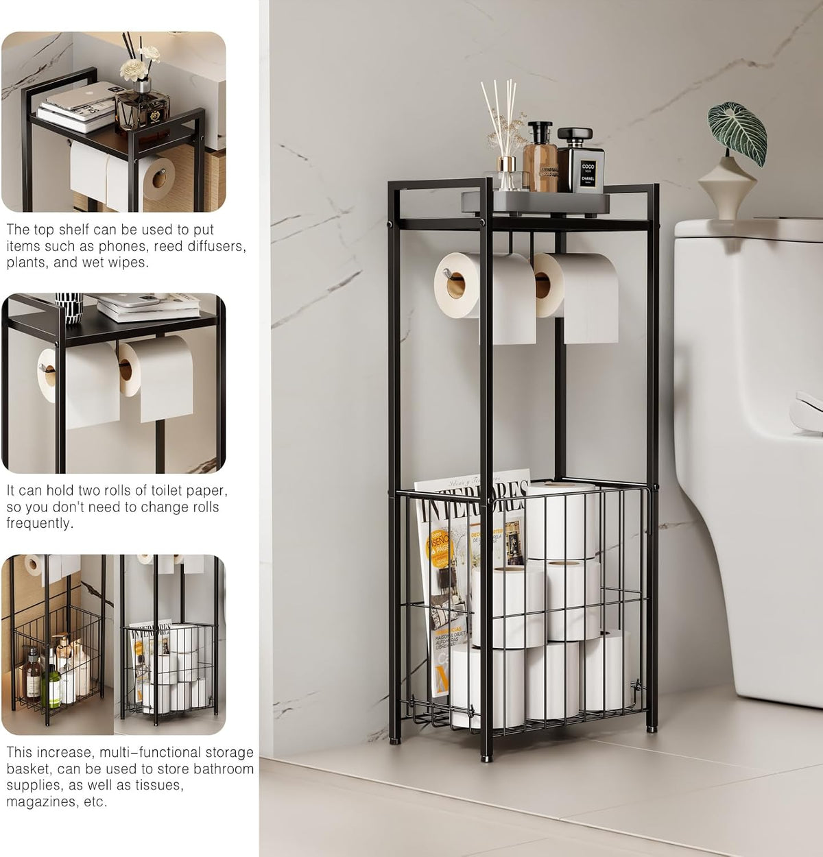 VOLDRA Toilet Paper Holder Stand with Storage Shelf, Free Standing Toilet Paper Roll Holder with Large Basket Heavy